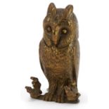 Victorian bronze inkwell in the form of an owl with beaded eyes having a hinged lid house a