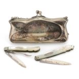 Two Victorian and later silver and mother of pearl flanked folding pocket knives and a silver plated