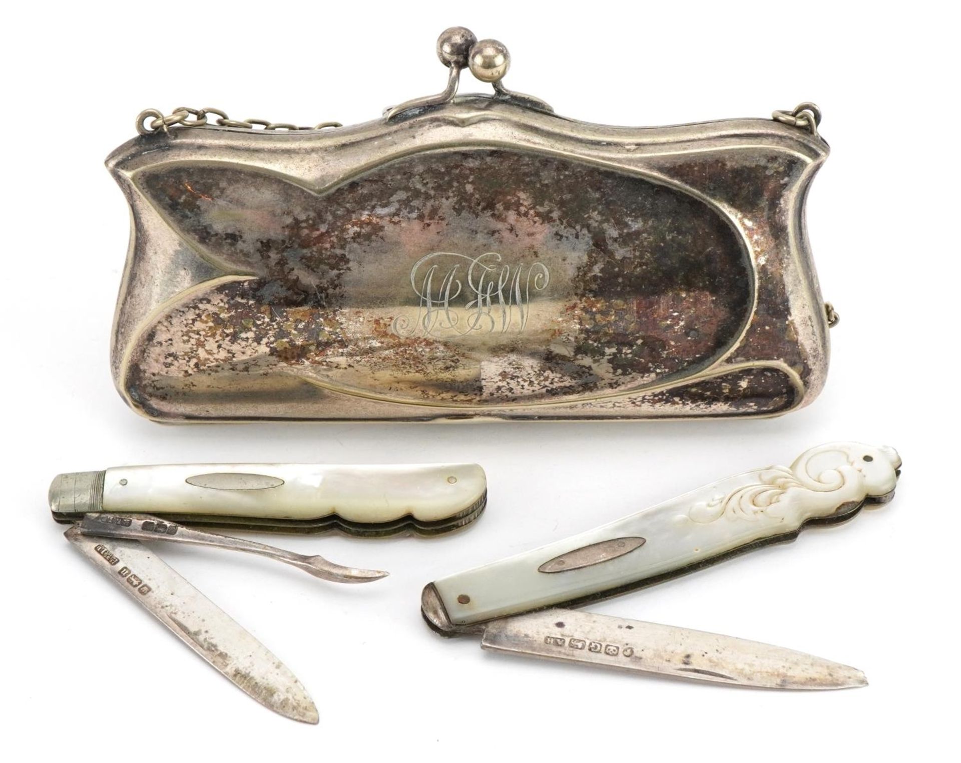 Two Victorian and later silver and mother of pearl flanked folding pocket knives and a silver plated