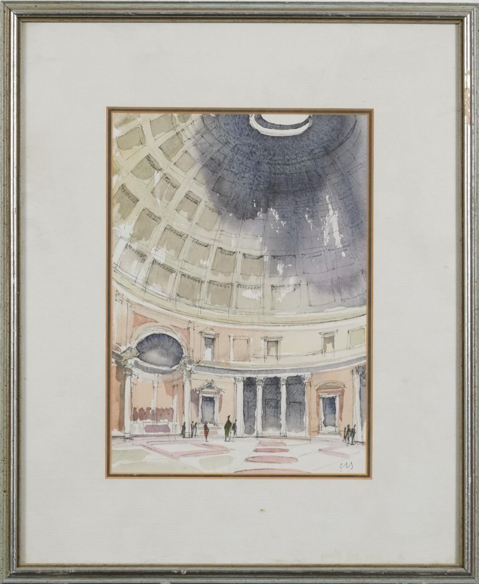 The Pantheon interior, ink and watercolour, label verso, Colin Stansfield Smith, mounted, framed and - Image 2 of 6