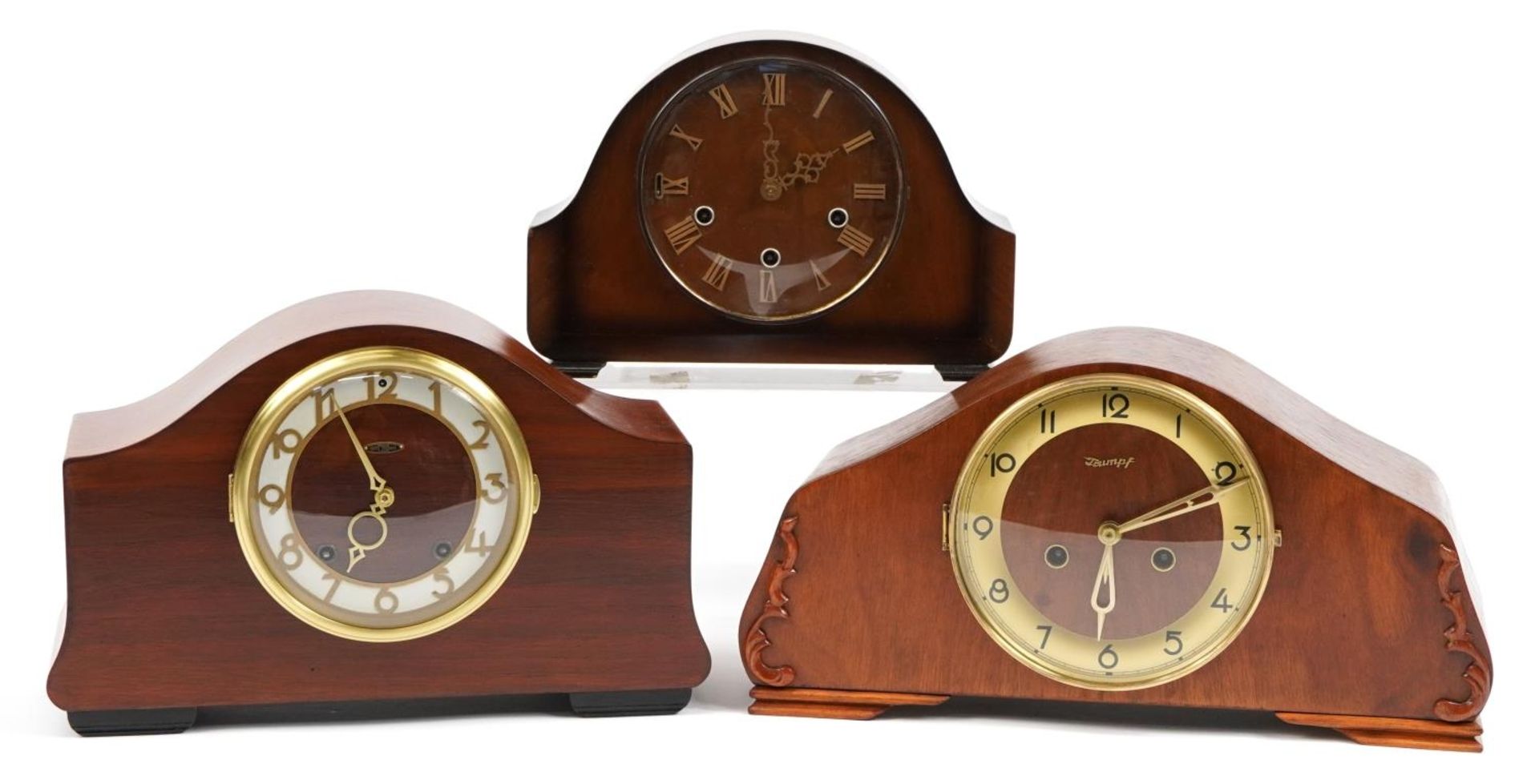 Three mahogany cased striking and Westminster chime mantle clocks comprising Smiths, Seth Thomas and