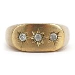 9ct gold diamond three stone Gypsy ring, each diamond approximately 2.4mm in diameter, London