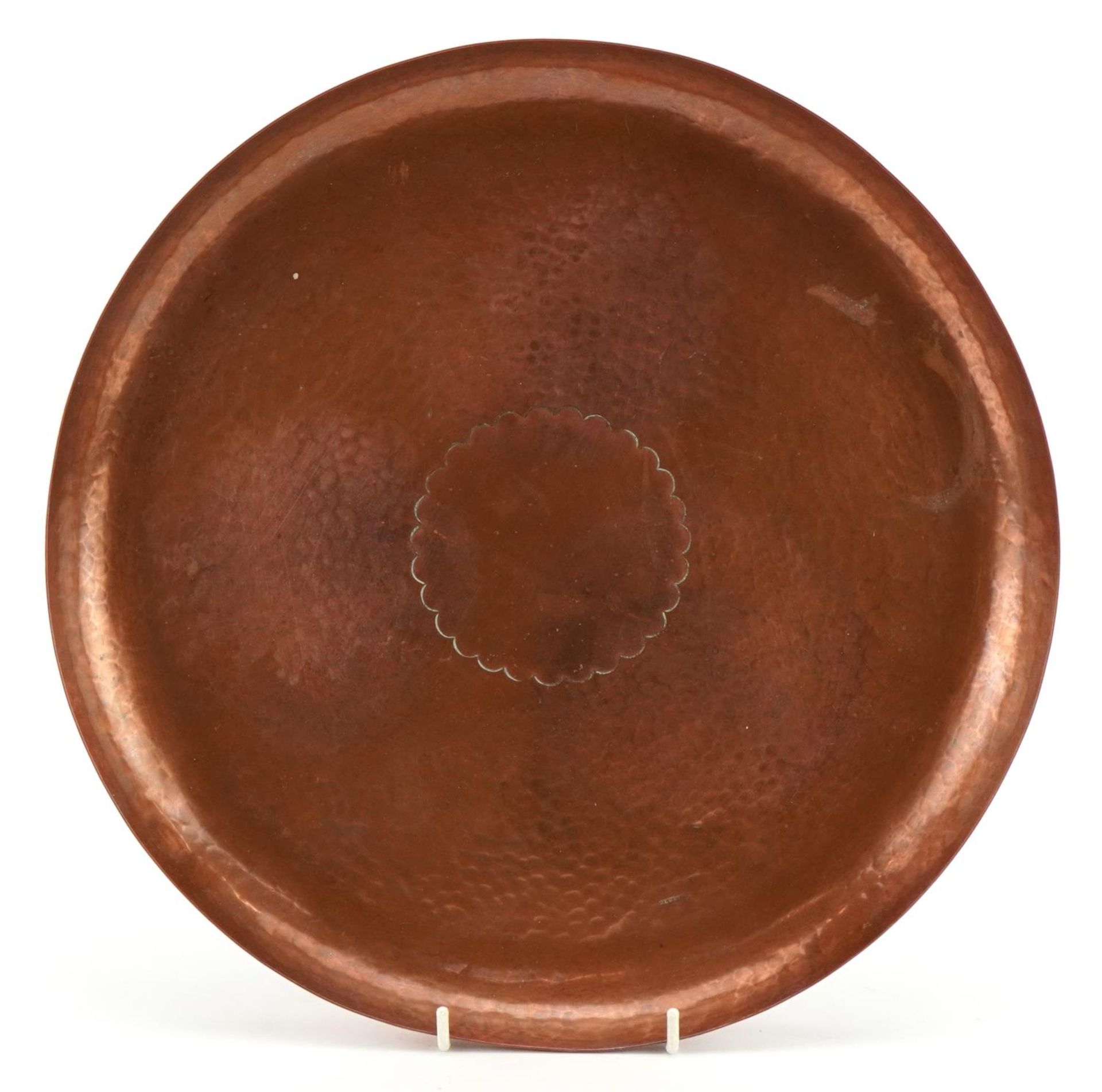 Newlyn, Arts & Crafts beaten copper circular tray, impressed Newlyn, 33cm in diameter