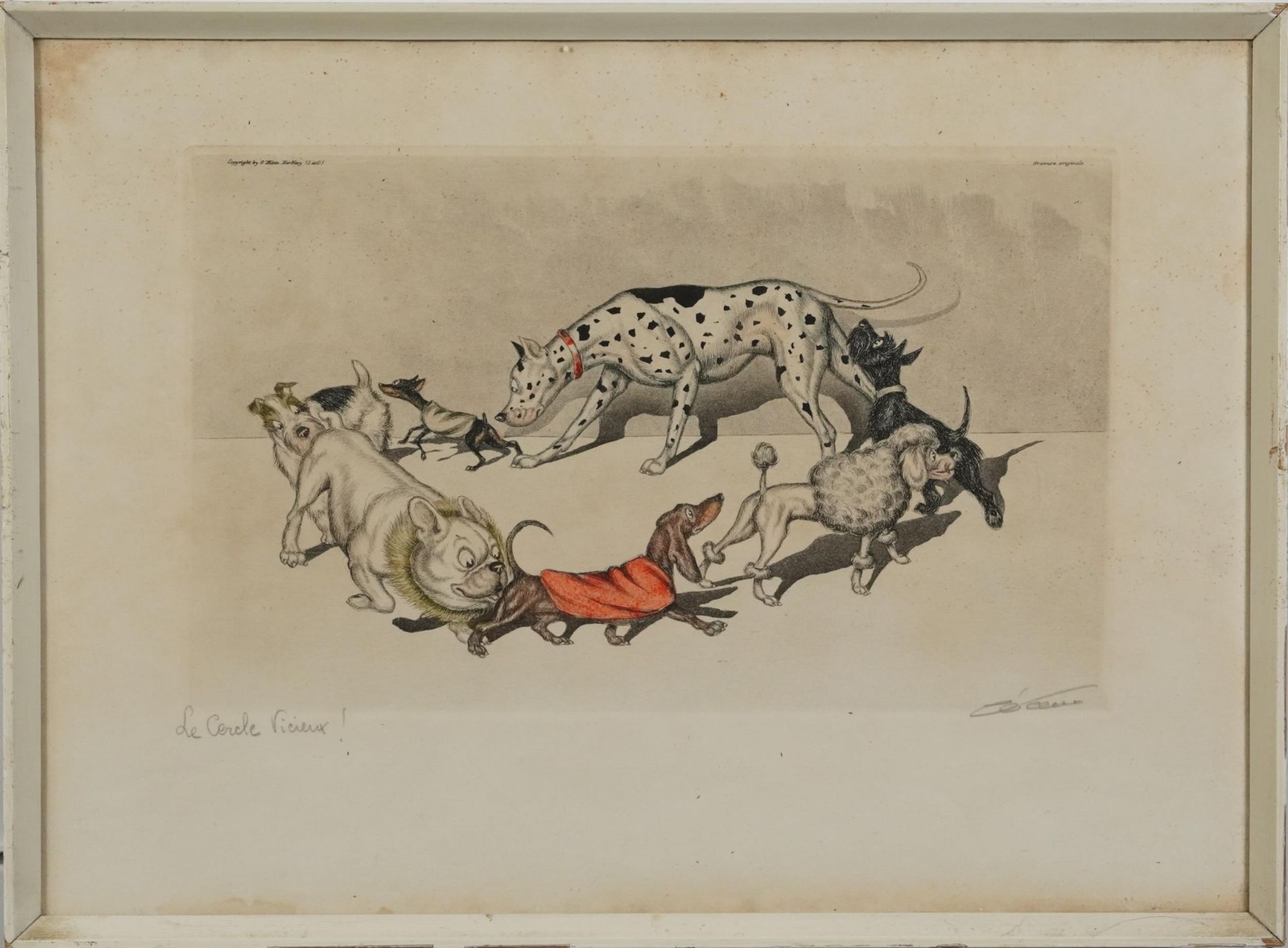 Boris O'Klein - Dogs Scenting, French pencil signed etching in colour, framed and glazed, 43cm x - Bild 2 aus 5
