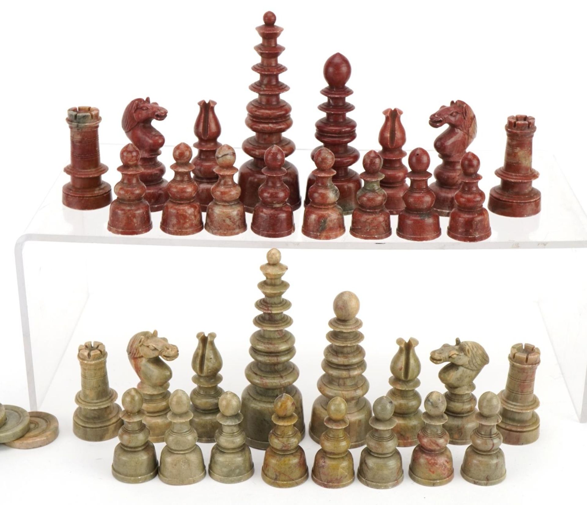 Chinese carved soapstone chess set and draughts pieces housed in a pine box, the largest pieces 10. - Image 4 of 7
