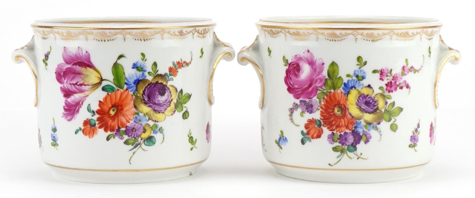 Augustus Rex, pair of German porcelain cache pots with twin handles, each hand painted with flowers, - Image 2 of 3