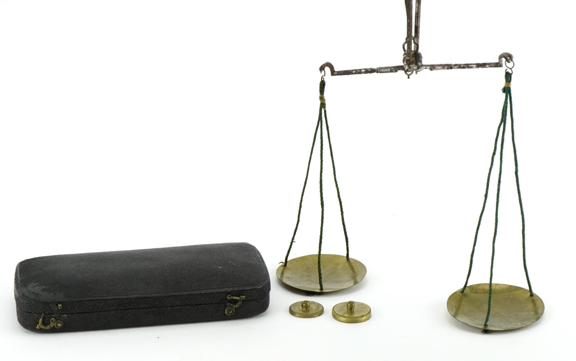 Set of Georgian steel and brass balance scales with weights, housed in a fitted case, 12.5cm wide