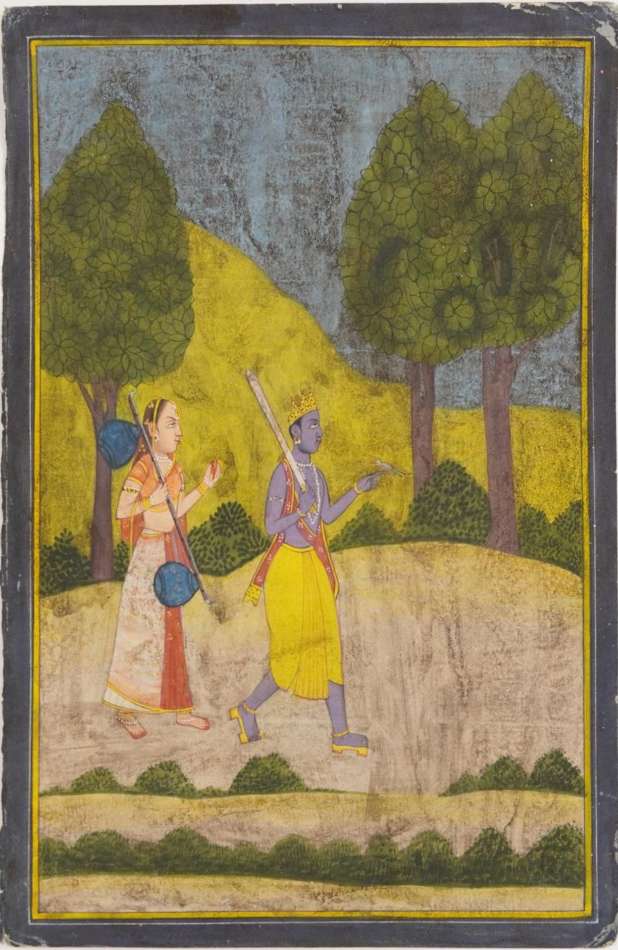 Figure with an attendant before a landscape, Indian Mughal school watercolour on card, unframed, - Image 2 of 3