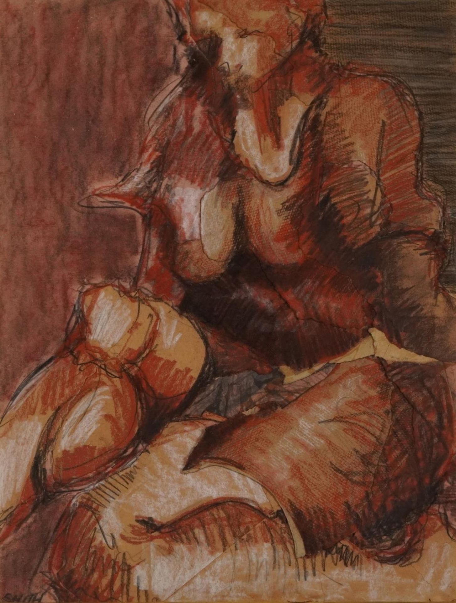 Abstract composition, seated female, mixed media, inscribed verso Distortion of Realism, mounted,