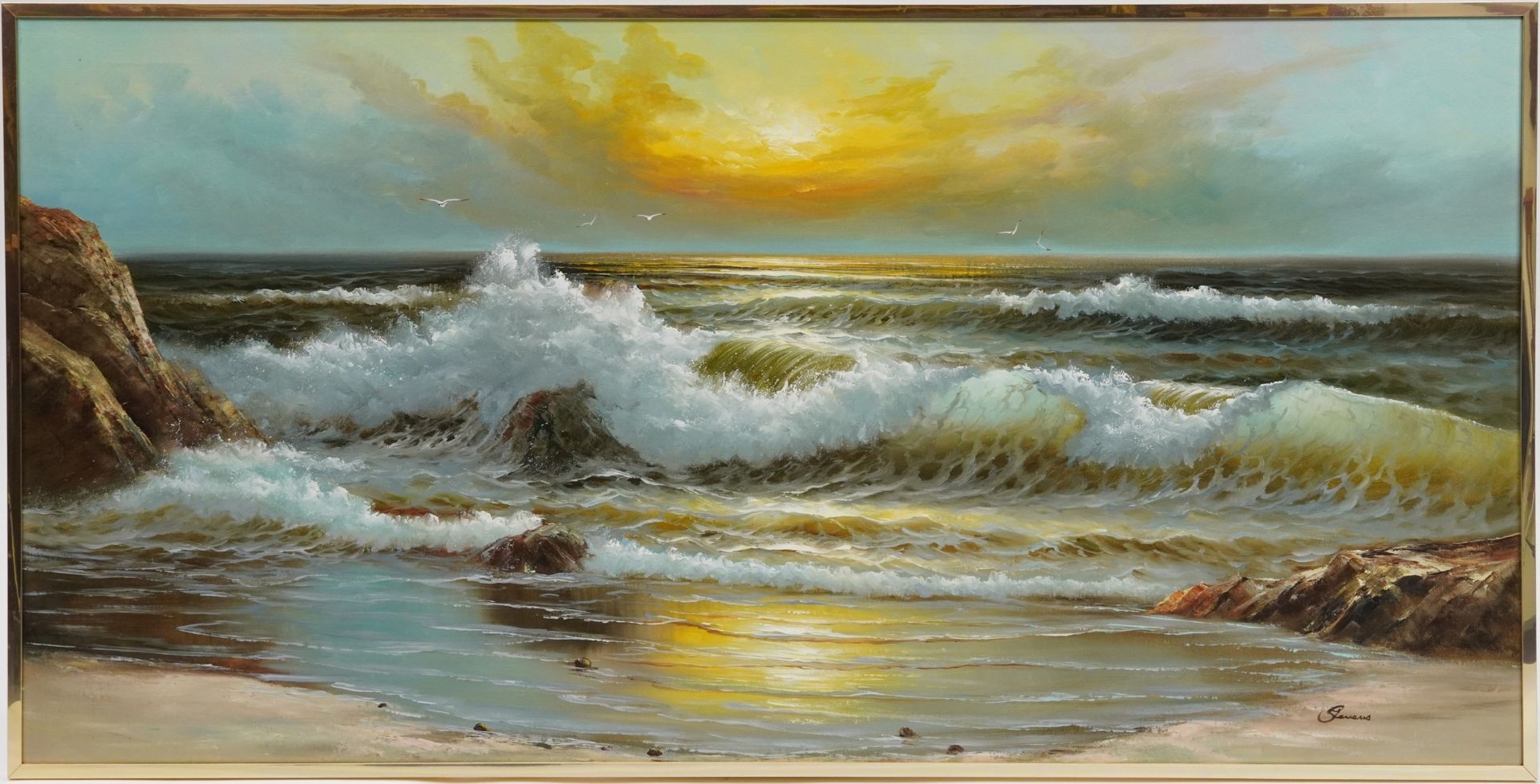 Coastal scene with crashing waves, oil on canvas, indistinctly signed, framed, 151cm x 75cm - Image 2 of 5