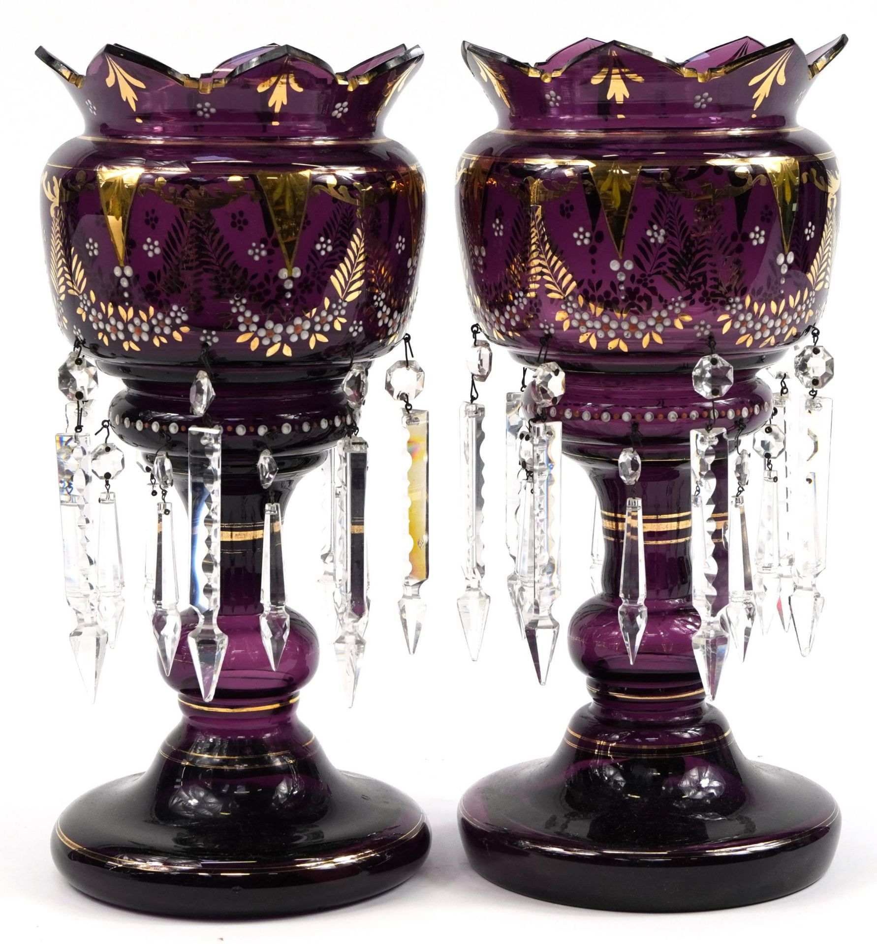 Pair of Bohemian purple glass lustre vases with cut glass drops and jewelled decoration, each 37.5cm