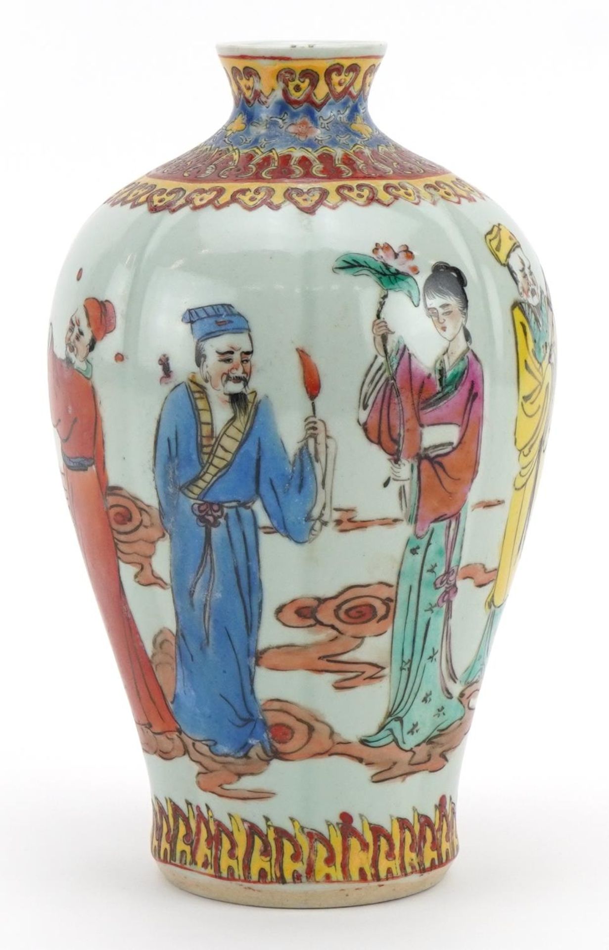 Chinese porcelain vase hand painted in the famille rose palette with figures, six figure character