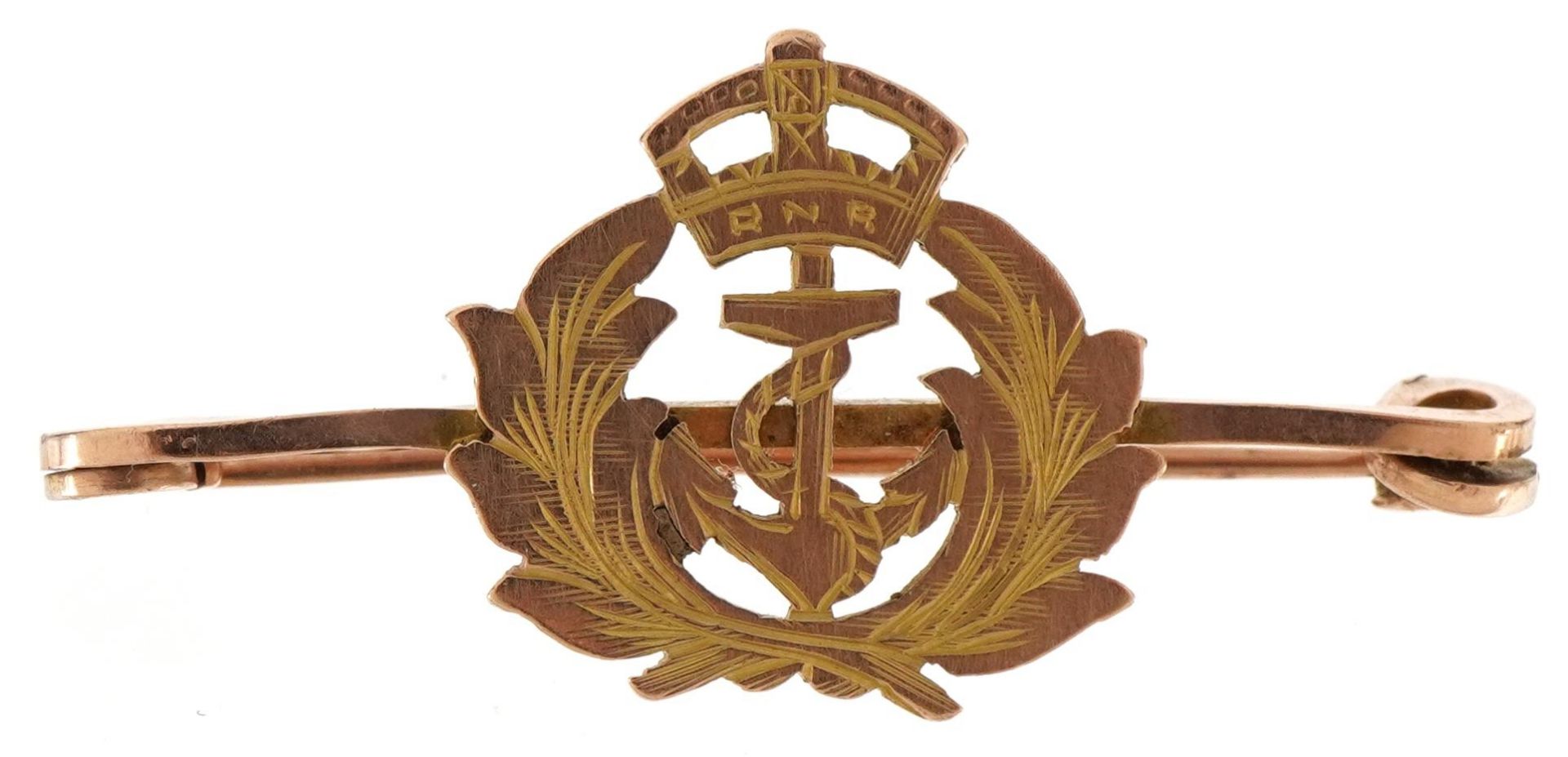 Naval interest 9ct rose gold RNP badge, 3.8cm wide, 2.7g