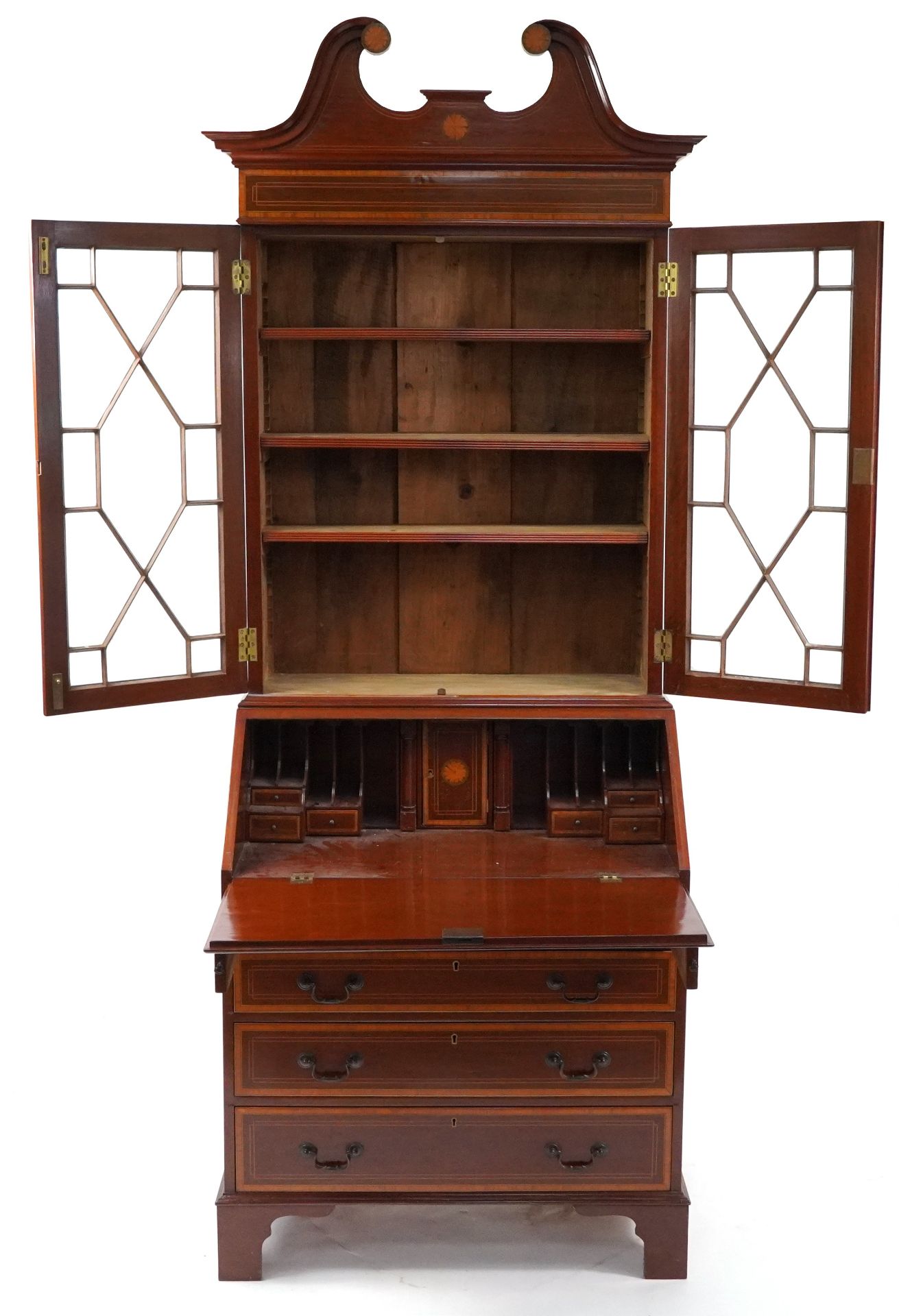 Inlaid mahogany bureau bookcase with fitted interior, 226cm H x 91cm W x 55cm D - Image 2 of 3