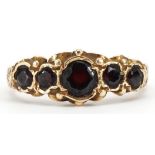 Victorian style 9ct gold garnet five stone ring, size P, 2.7g