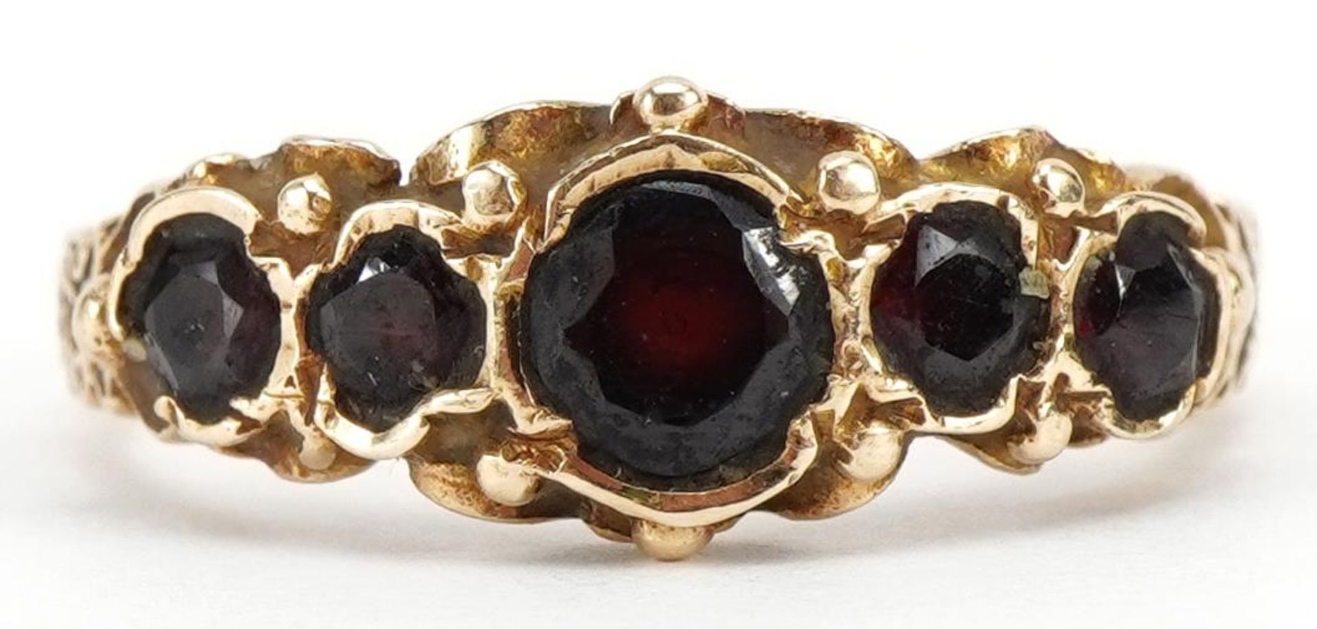 Victorian style 9ct gold garnet five stone ring, size P, 2.7g