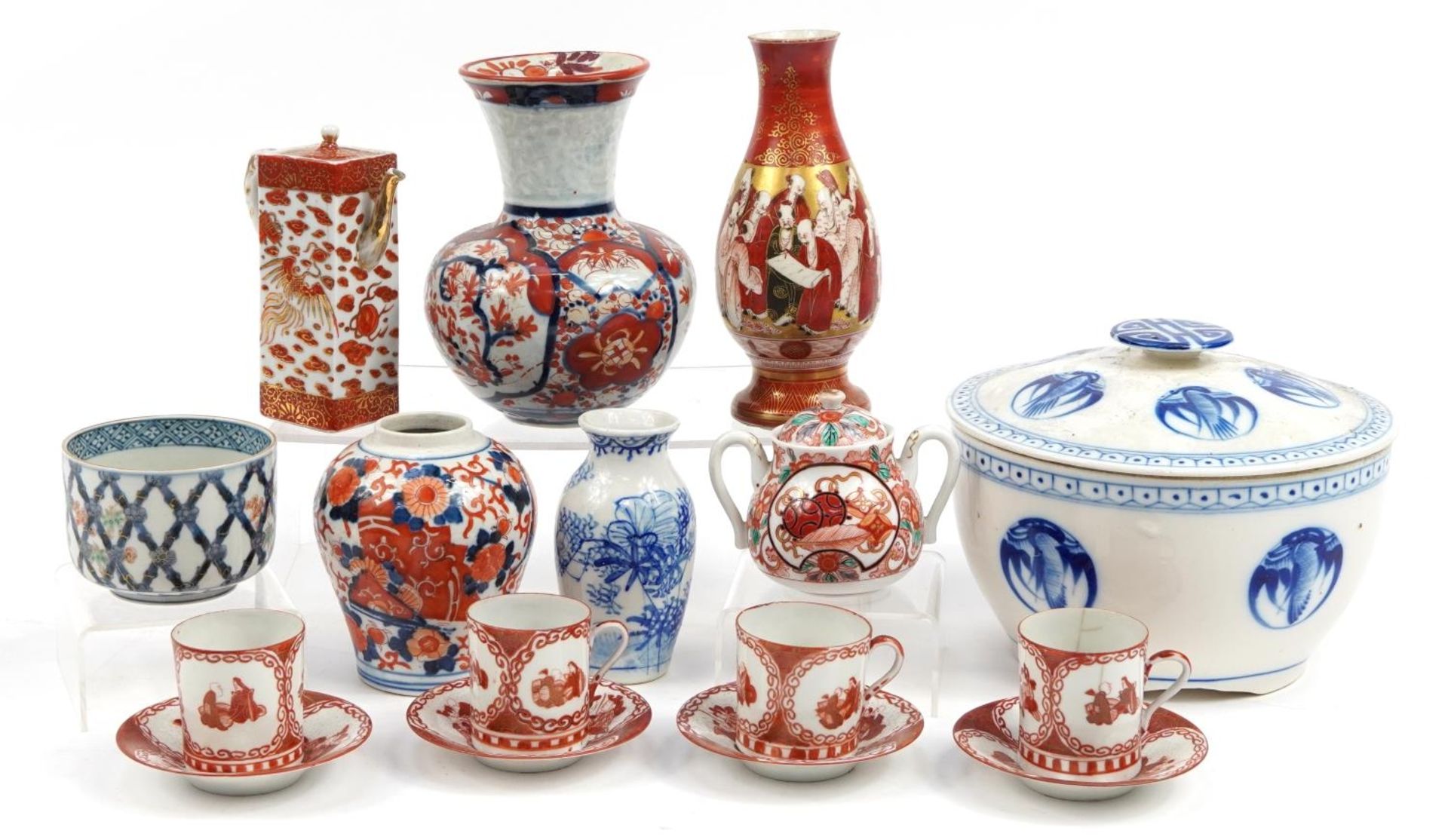 Japanese porcelain including Kutani coffee cans and Imari vases, the largest 22cm in diameter