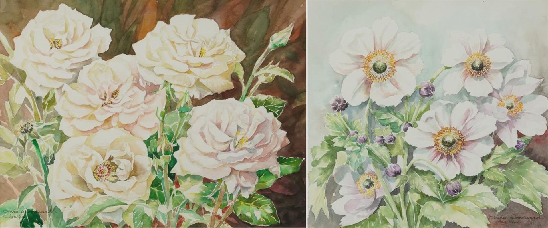 Olivia Woodward - Still life, roses and flowers, pair of watercolours, each mounted, framed and