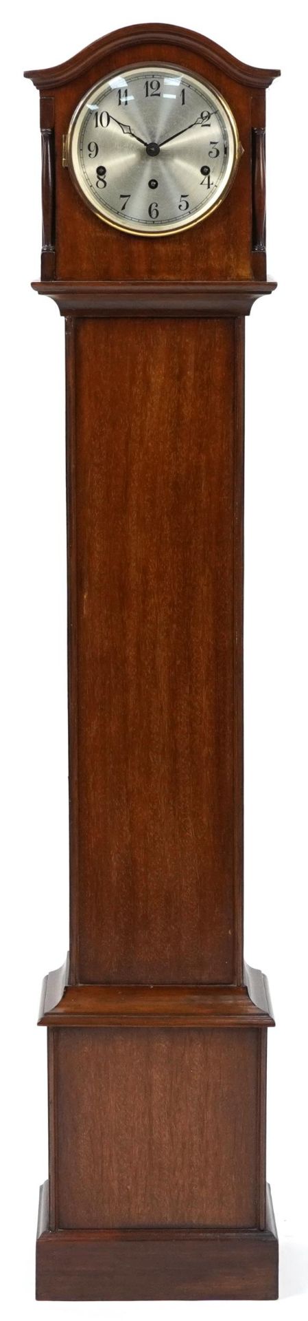 Oak Westminster chiming longcase clock, the silvered dial with Arabic numerals, 137cm high