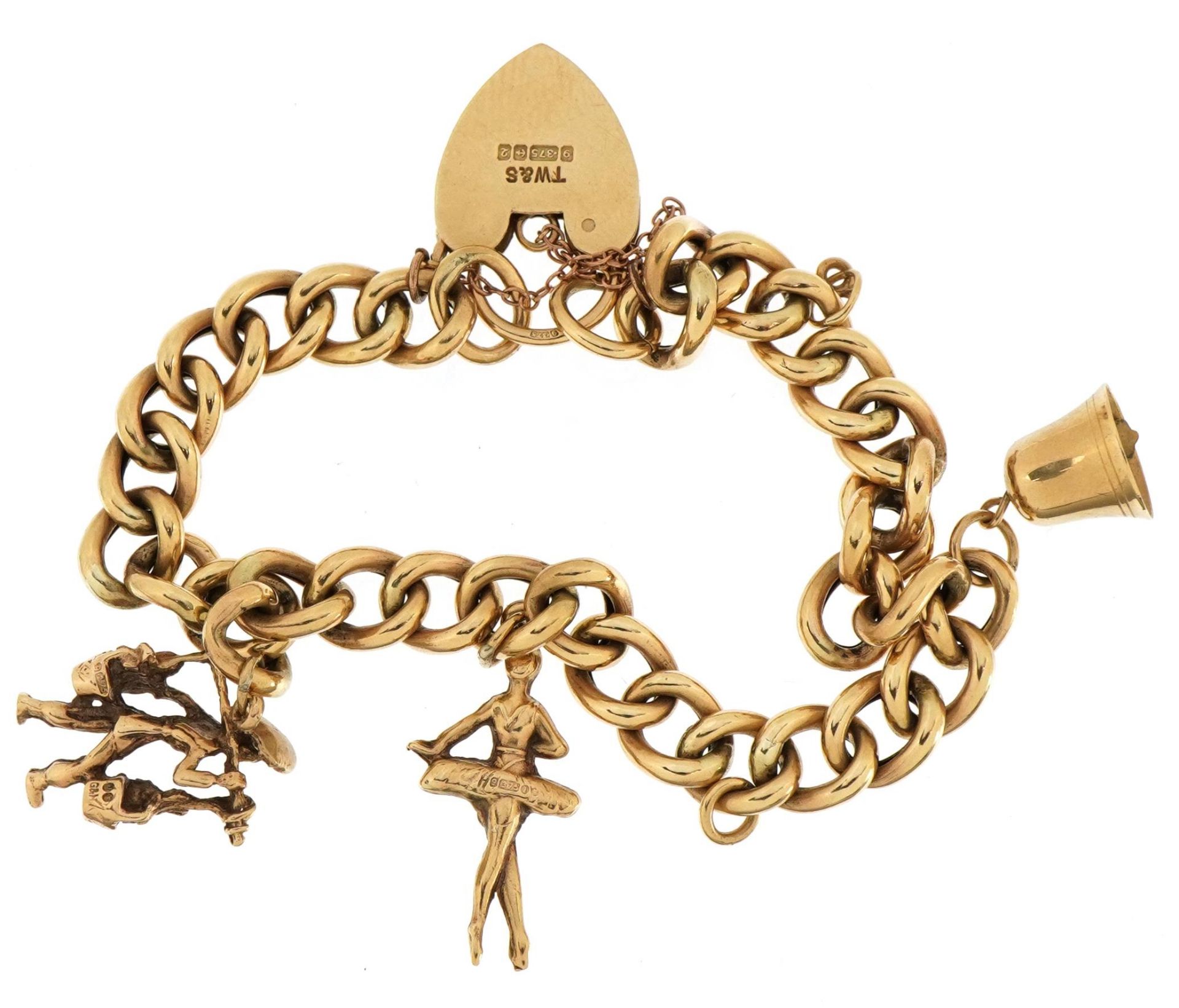 9ct gold charm bracelet with love heart padlock and three 9ct gold charms, total weight 14.5g - Image 2 of 3