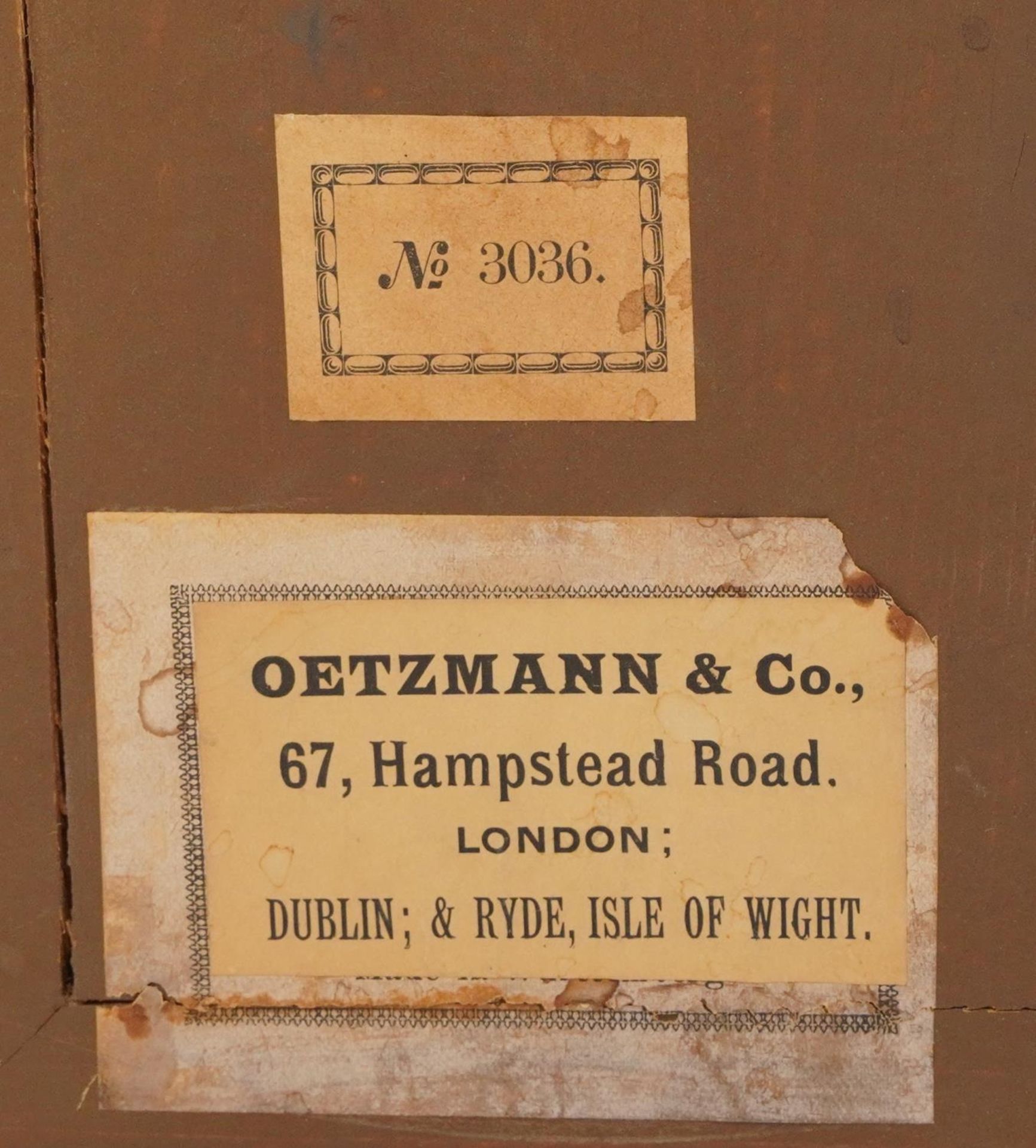 Edwardian oak striking mantle clock, the gilt dial having Roman numerals, Oetzmann & Co label to the - Bild 5 aus 5