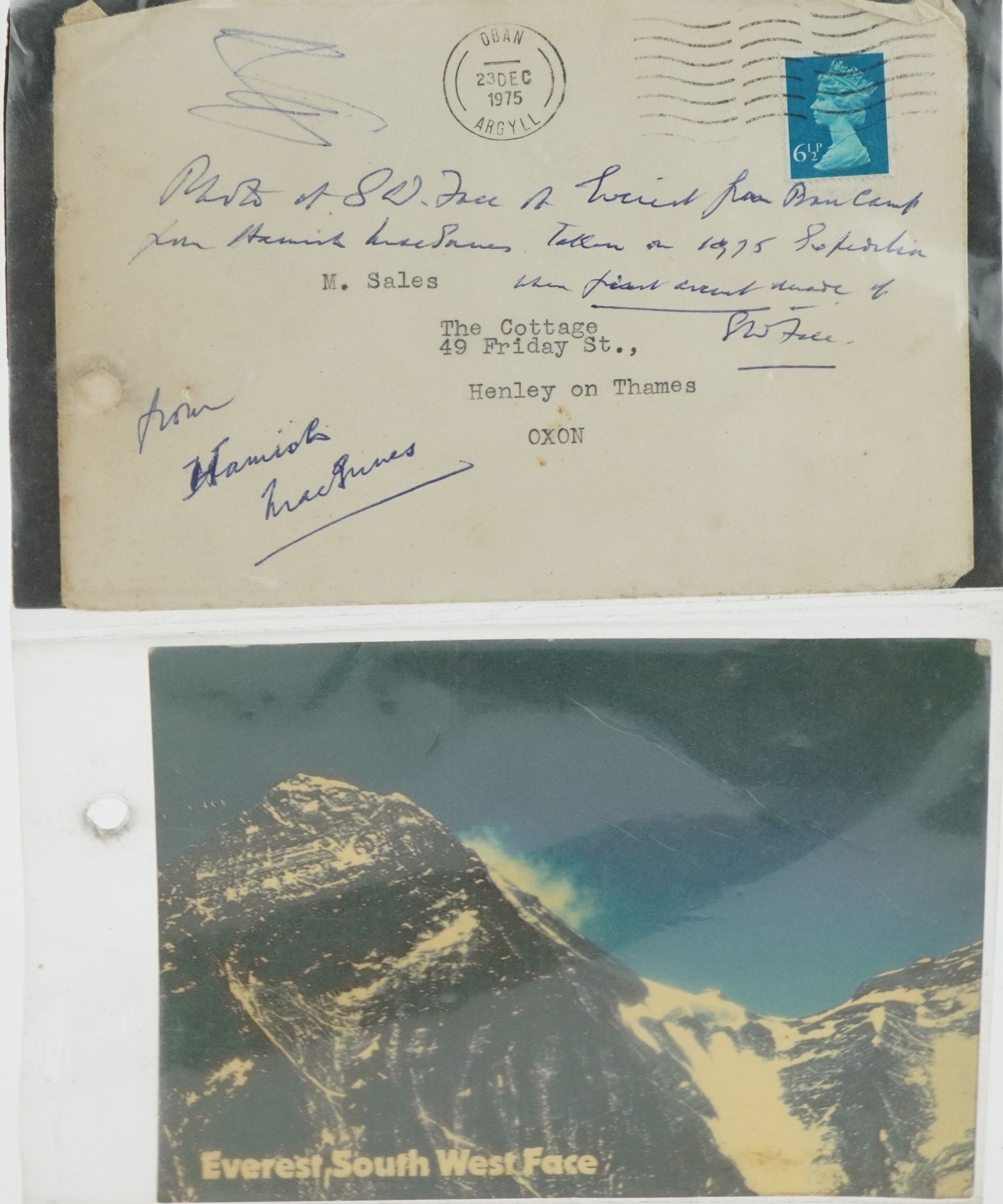 Mountaineering interest Hamish MacInnes signed letter cover and Base Camp Mount Everest card dated