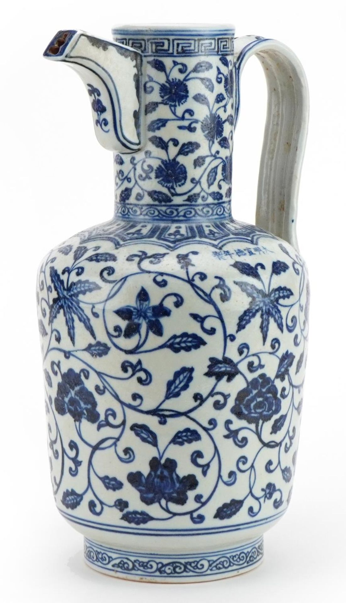 Chinese Islamic blue and white porcelain water jug hand painted with flowers, 34cm high