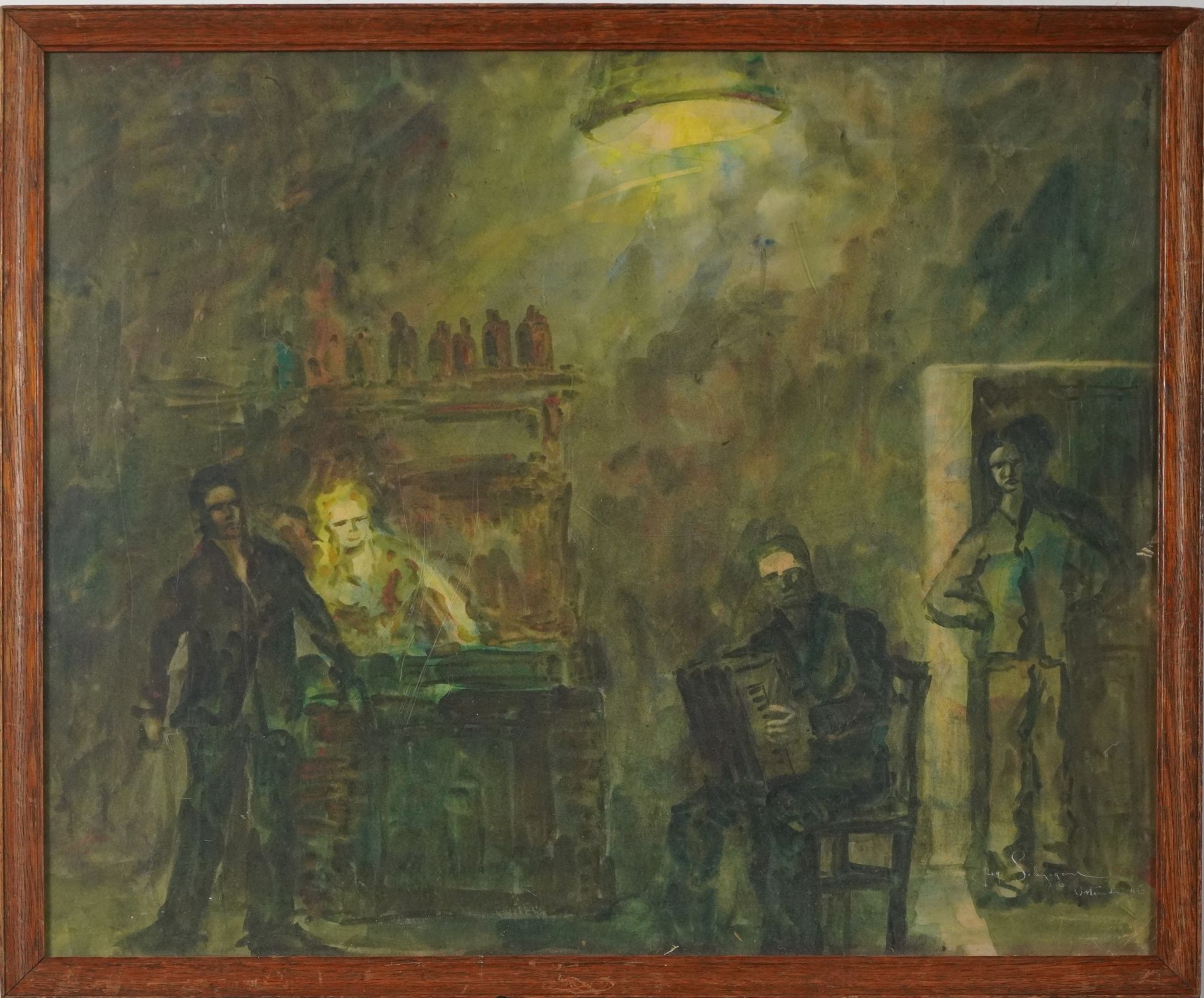 Figures in an interior, 1950s school watercolour, framed and glazed, 61.5cm x 49.5cm excluding the - Bild 2 aus 4