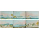 Harbour scenes, town scenes and erupting volcanoes, set of six Neapolitan school gouaches, each with