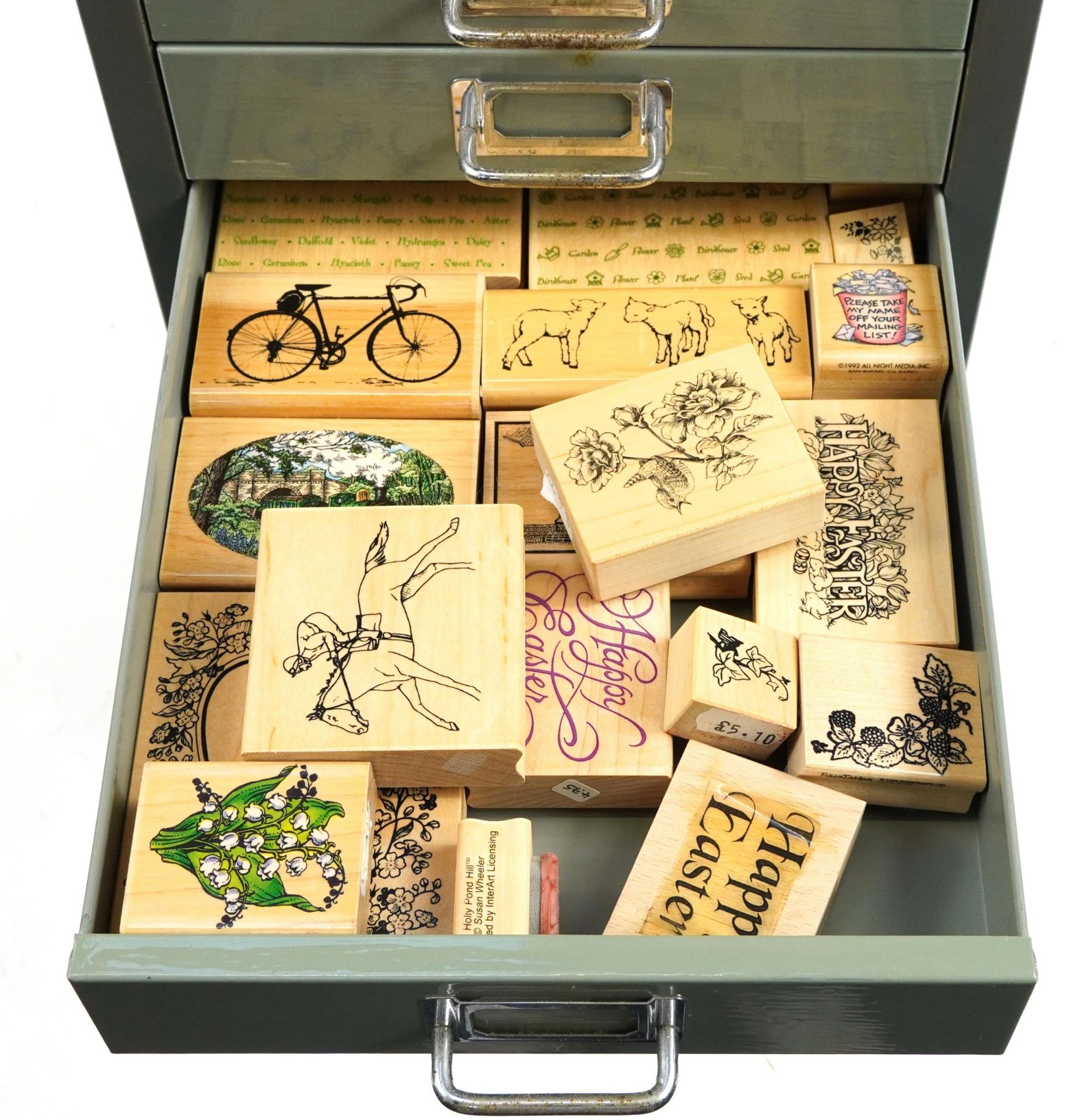 Large collection of wooden printing blocks and ink stamps housed in a Bisley ten drawer filing - Image 8 of 13