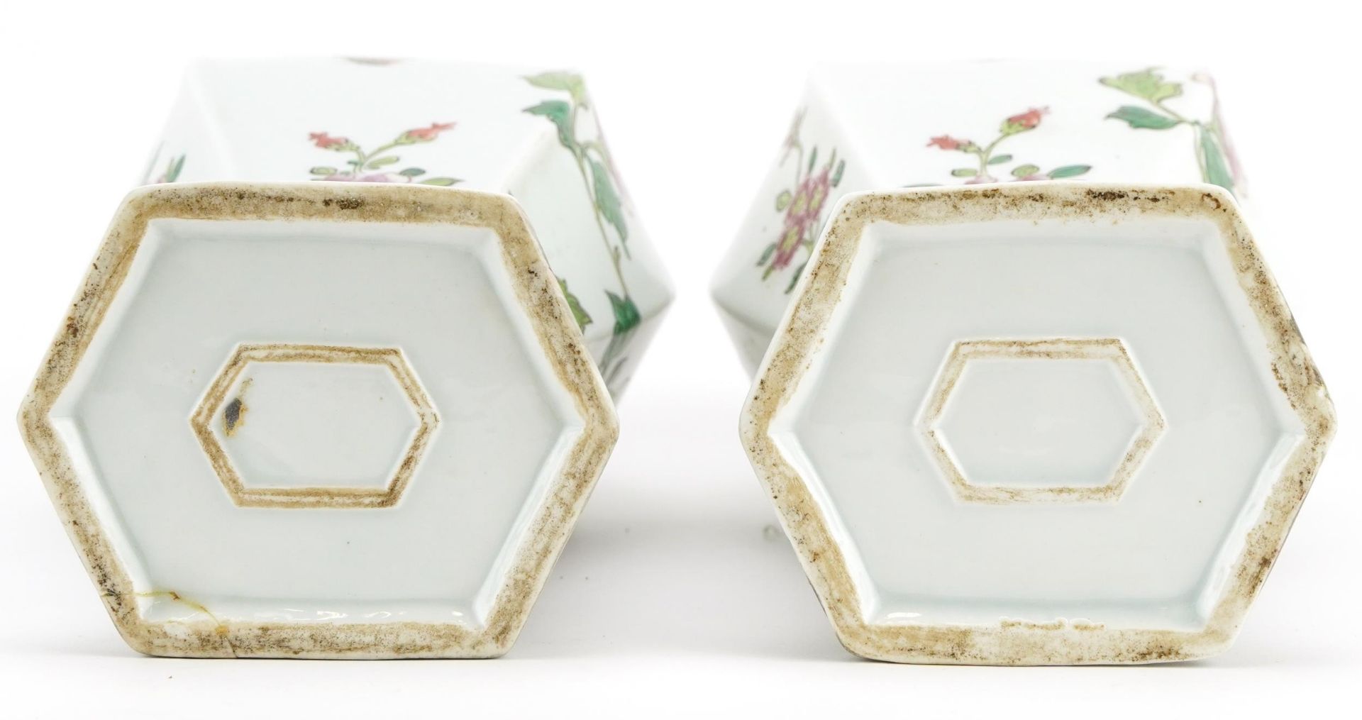 Pair of Chinese porcelain hexagonal vases hand painted in the famille rose palette with flowers, - Image 3 of 3