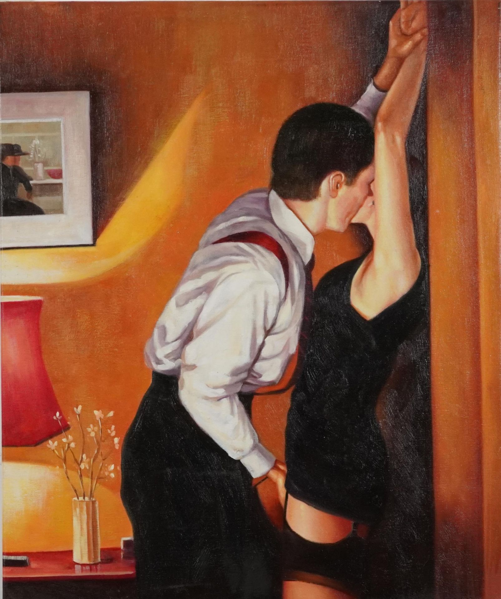 Manner of Jack Vettriano - Two figures and female smoking before a staircase, two oil on - Bild 5 aus 6