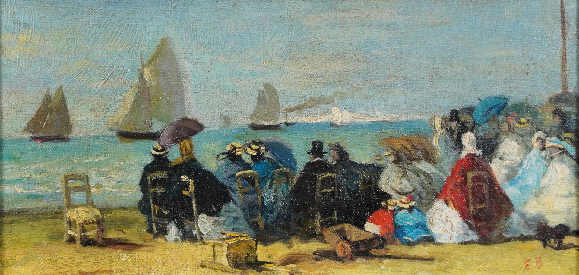 Manner of Eugene Boudin - Seated figures on a beach, French Impressionist oil on board, framed, 30cm