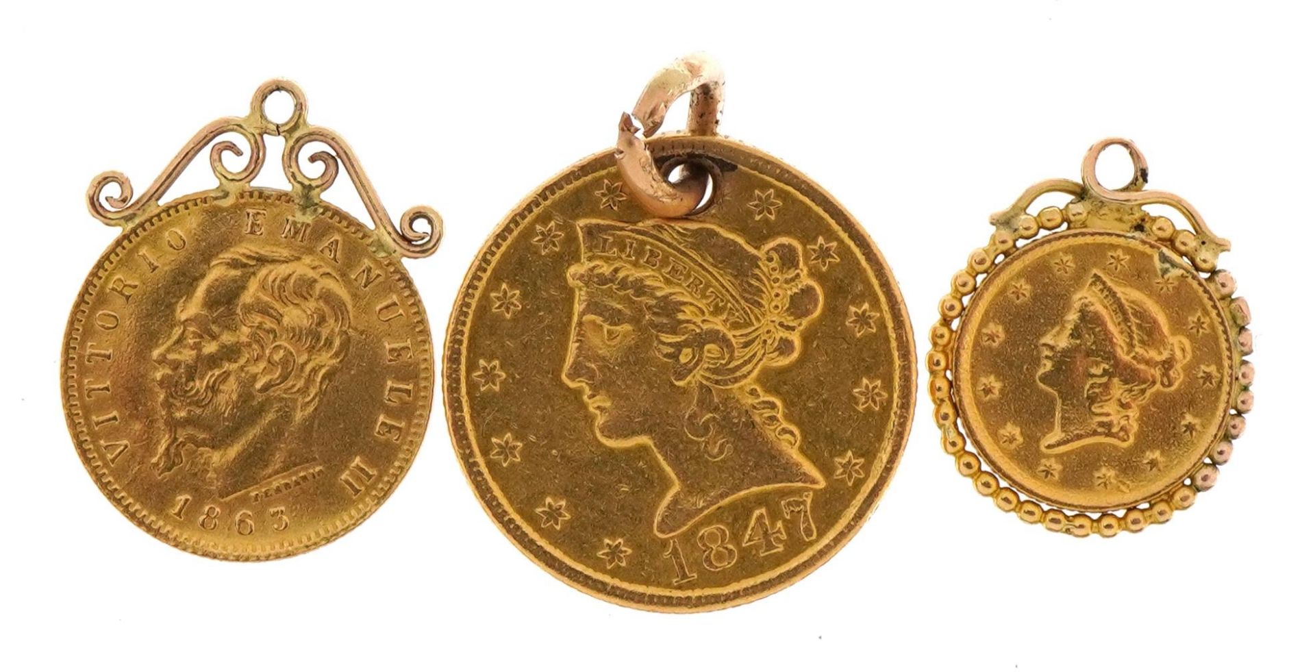 Three antique gold coins comprising 1847 five dollars, 1863 five lire and 1853 one dollar, the