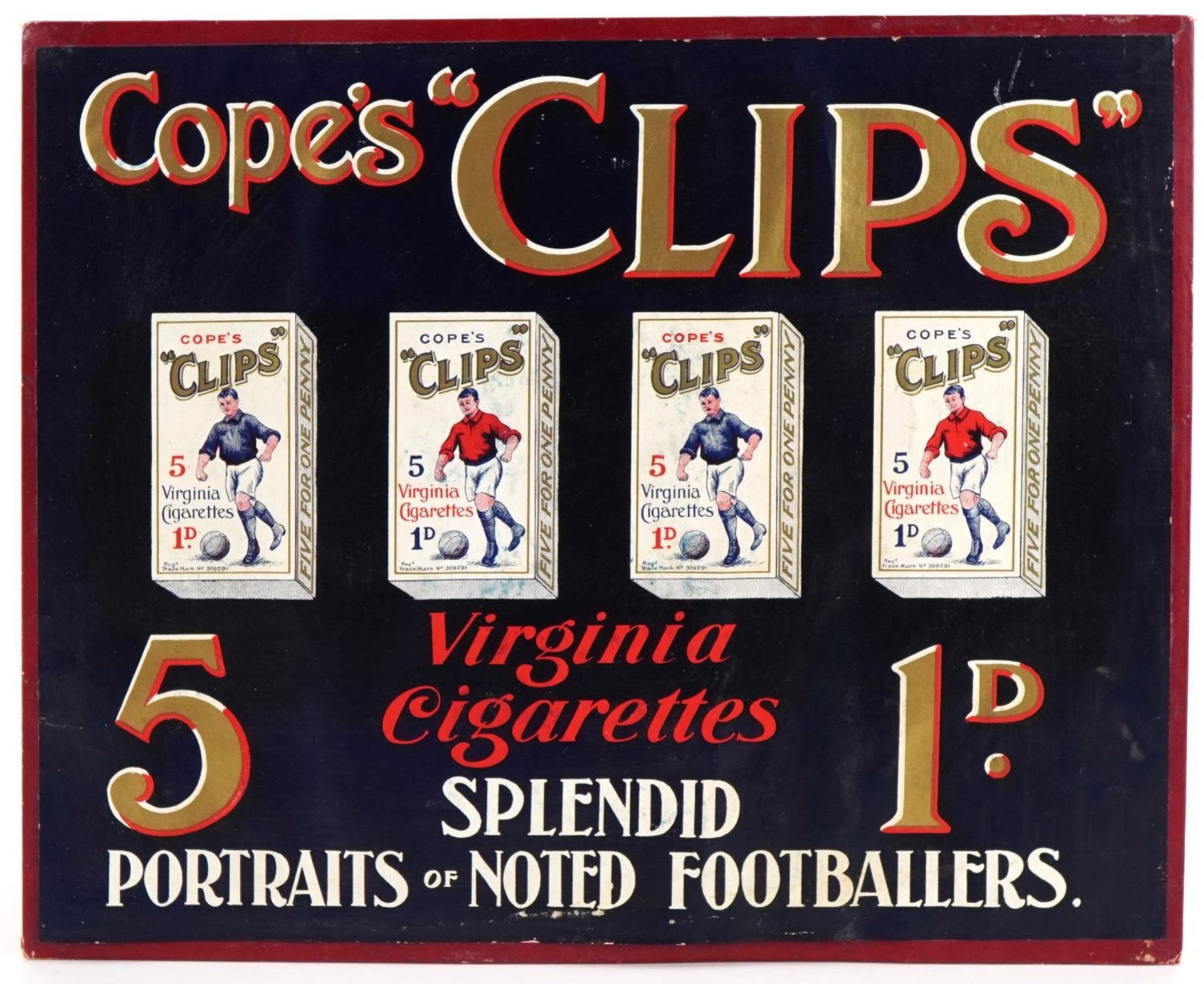 Cope's Clips Virginia Cigarettes card advertising shop sign, 29cm x 24cm