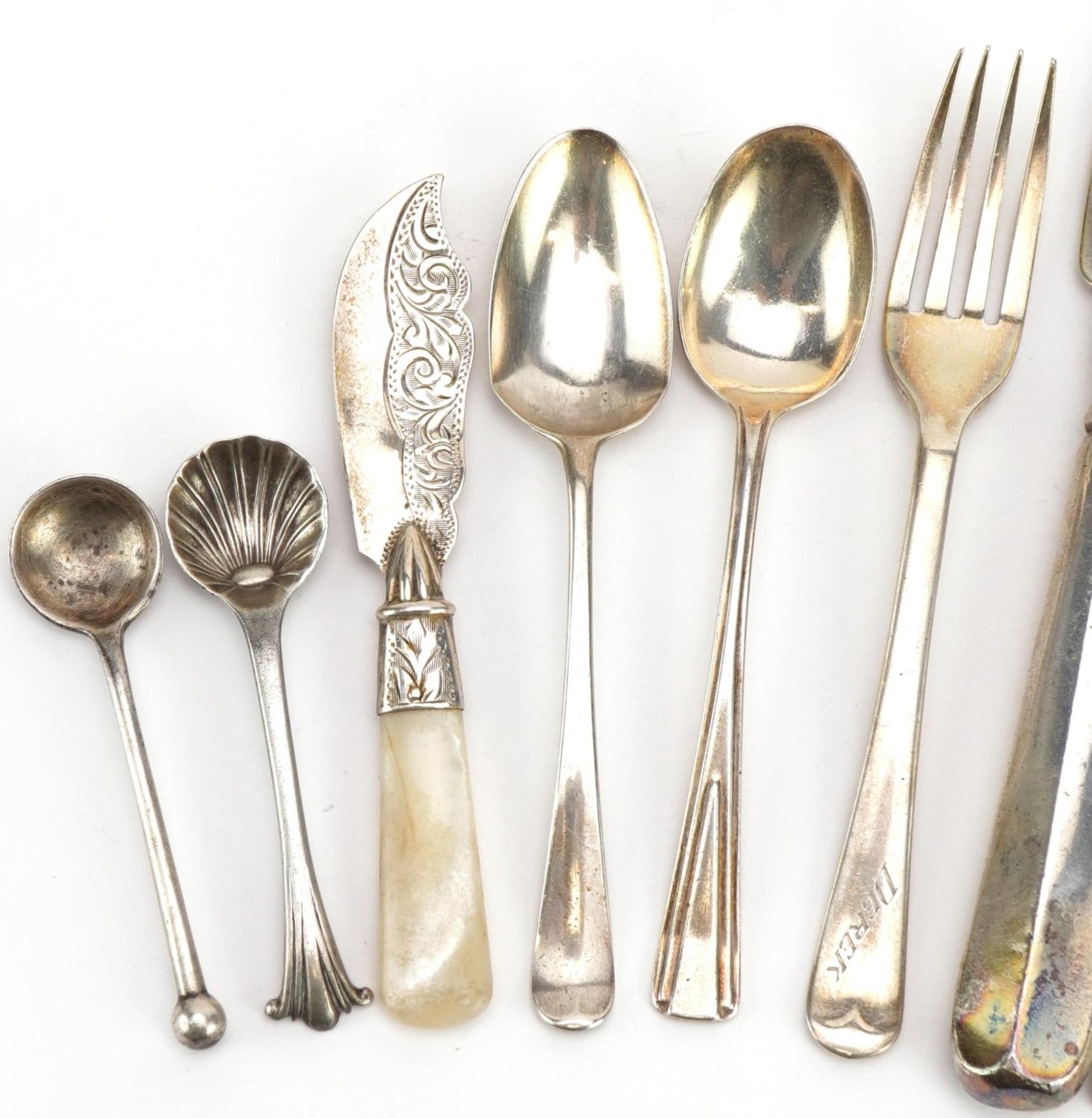 Georgian and later silver cutlery including caddy spoon, mustard spoons and teaspoons, the largest - Image 2 of 5