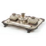 Victorian silver plated copper desk stand with pair of cut glass inkwells and candlestick, 42cm x