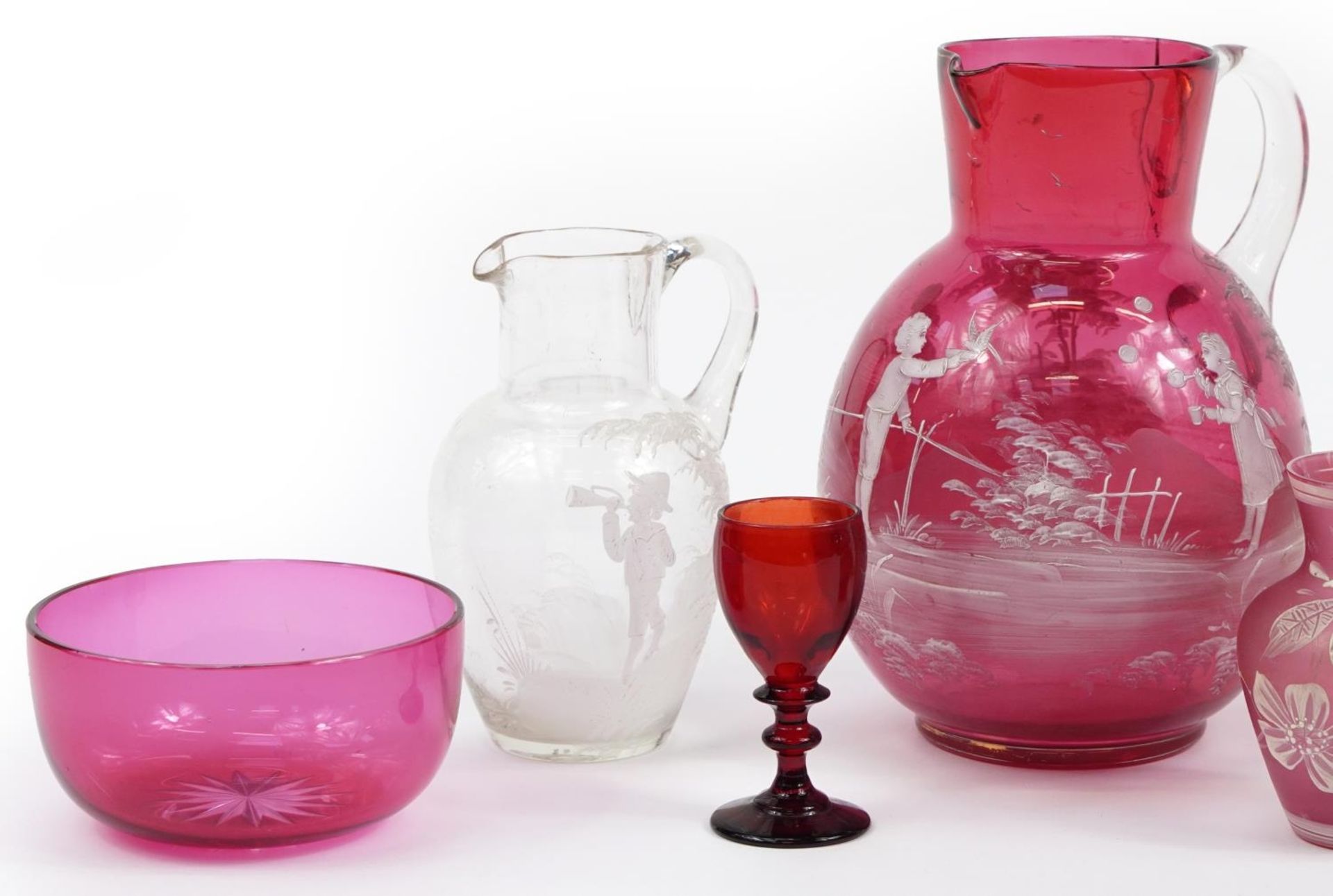 Antique and later glassware including hand painted Mary Gregory jugs and decanter with stopper, - Bild 2 aus 3