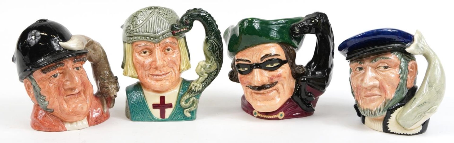 Four large Royal Doulton Toby jugs comprising Gone Away D6531, St George D6618, Dick Turpin D6528