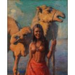 After Adam Styka - Semi nude female before camels, Orientalist school oil on board, mounted and
