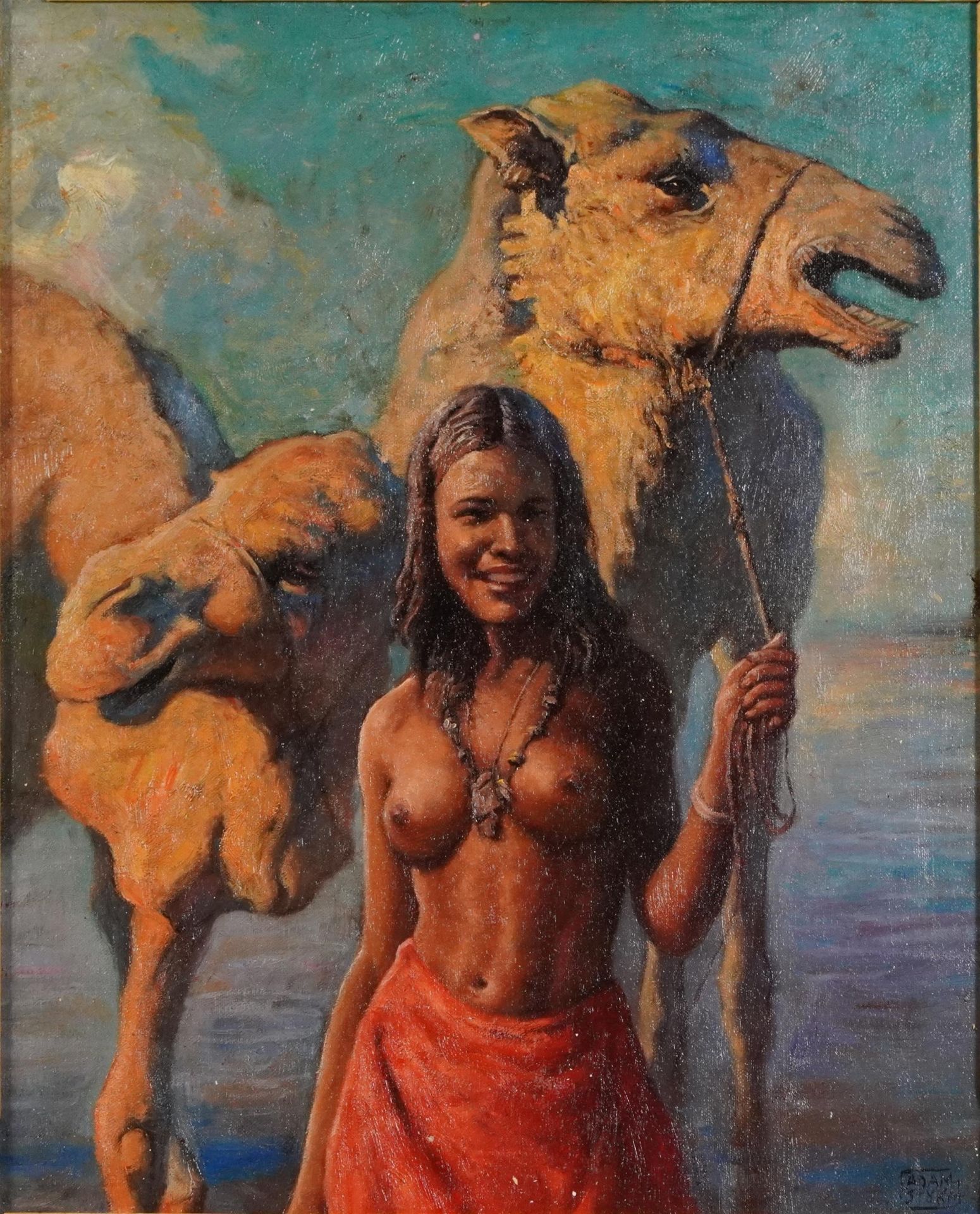 After Adam Styka - Semi nude female before camels, Orientalist school oil on board, mounted and