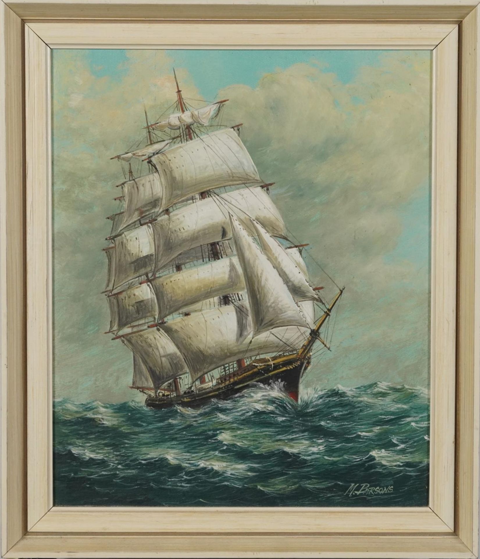 Max Parsons - Schooner at Sea, maritime interest oil on board, mounted and framed, 29cm x 24.5cm - Image 2 of 4
