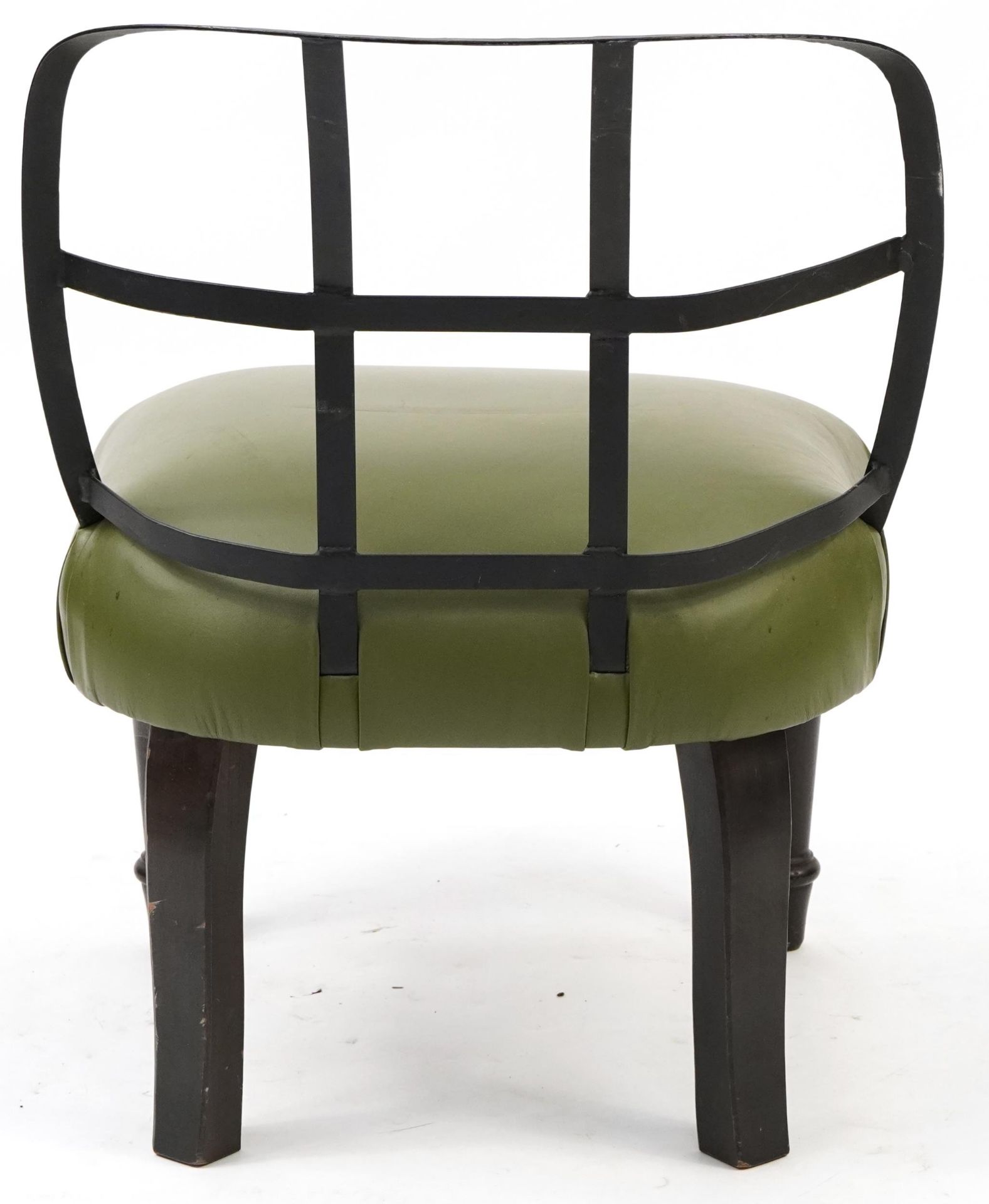 Industrial style wrought iron chair with green leather upholstered seat on turned mahogany legs, - Bild 3 aus 3