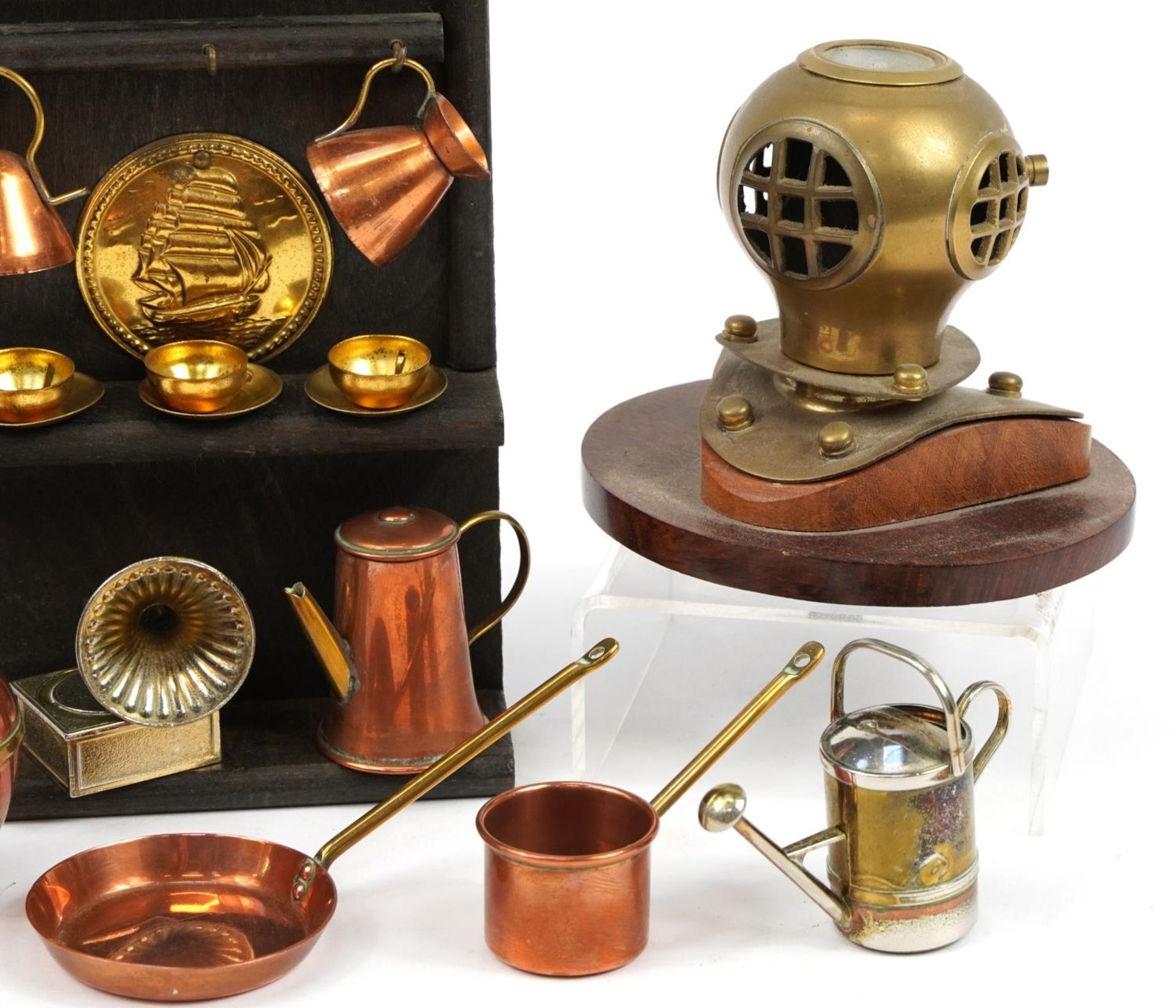 Objects including miniature copper and brass doll's house accessories and a brass diver's helmet - Image 3 of 3