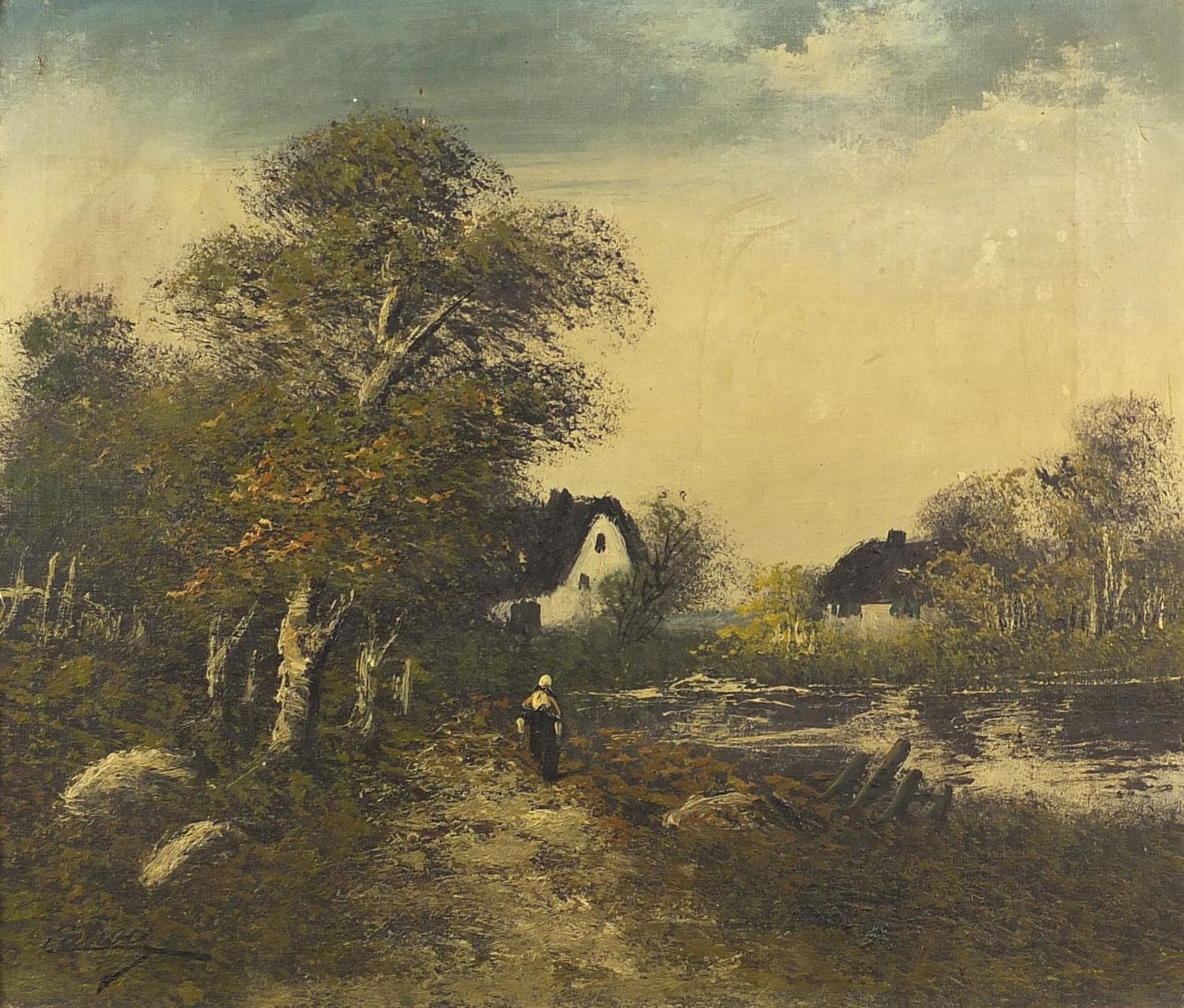 Henri Catrou - River landscape with figure before a cottage, Barbizon school oil on canvas,