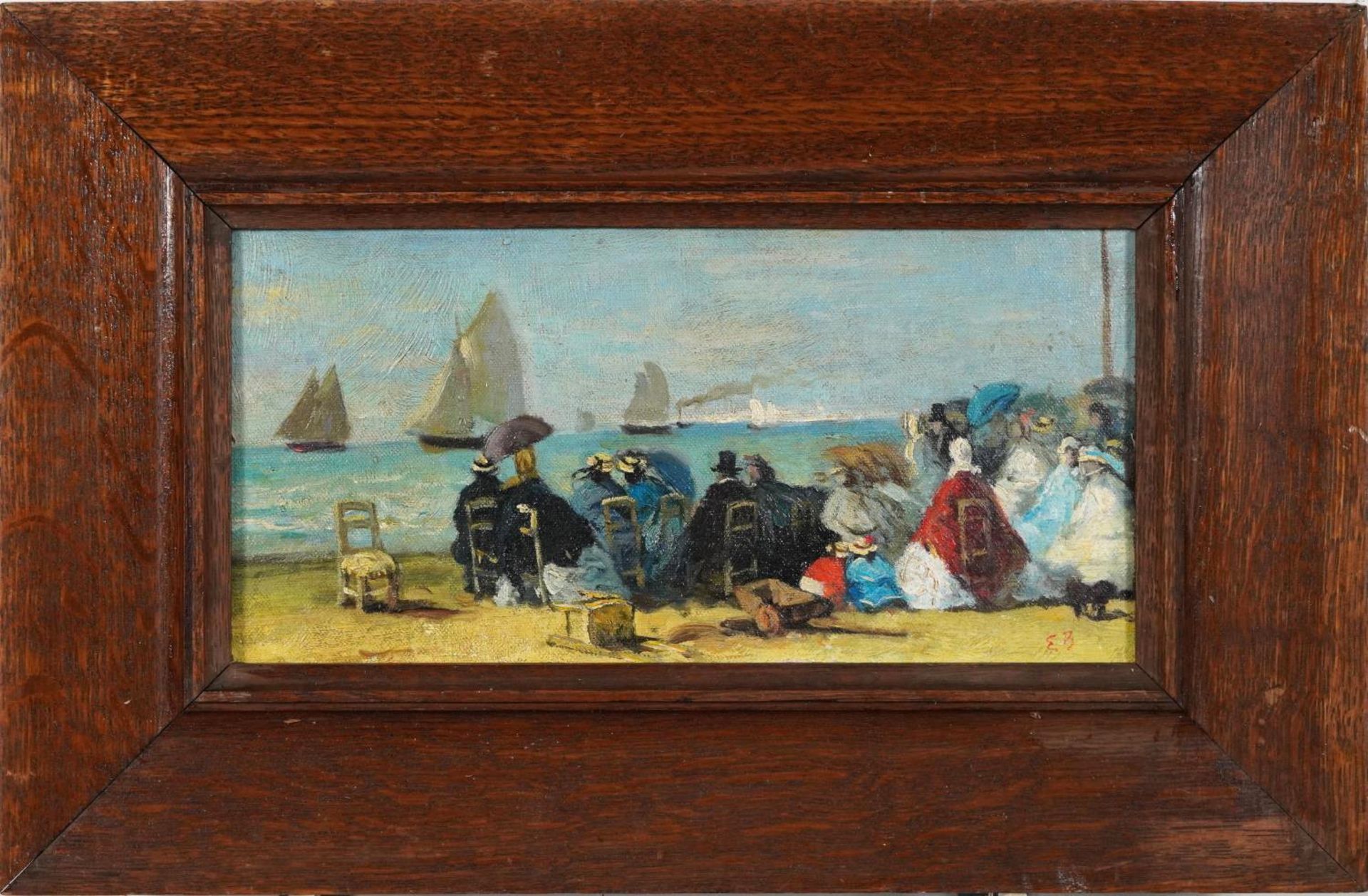 Manner of Eugene Boudin - Seated figures on a beach, French Impressionist oil on board, framed, 30cm - Image 2 of 5