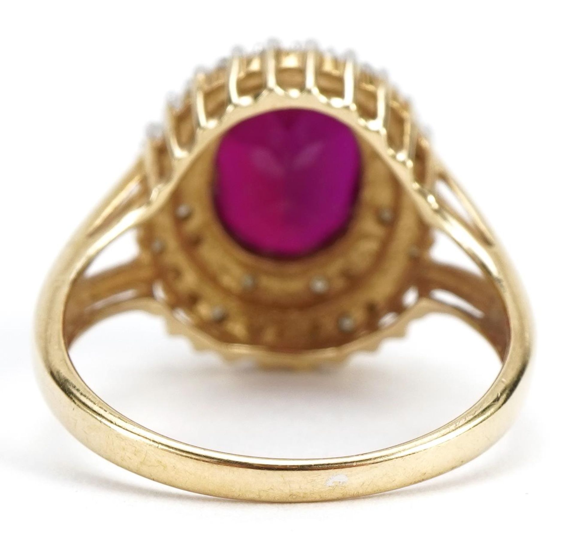 9ct gold red stone and diamond three tier cluster ring with split shoulders, tests as ruby, the - Image 2 of 3