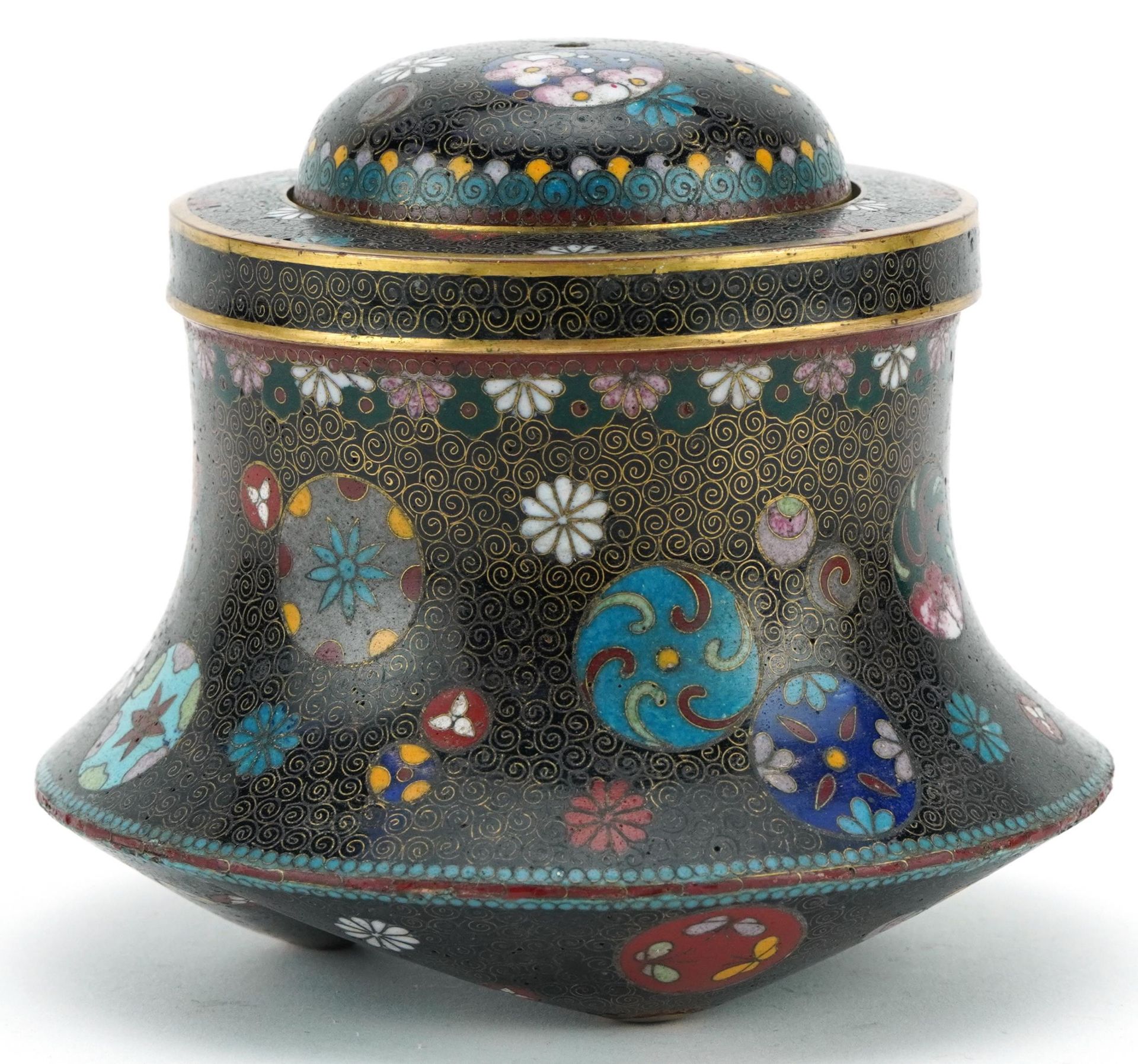 Japanese cloisonne tripod incense burner enamelled with stylised floral roundels - Bild 2 aus 3