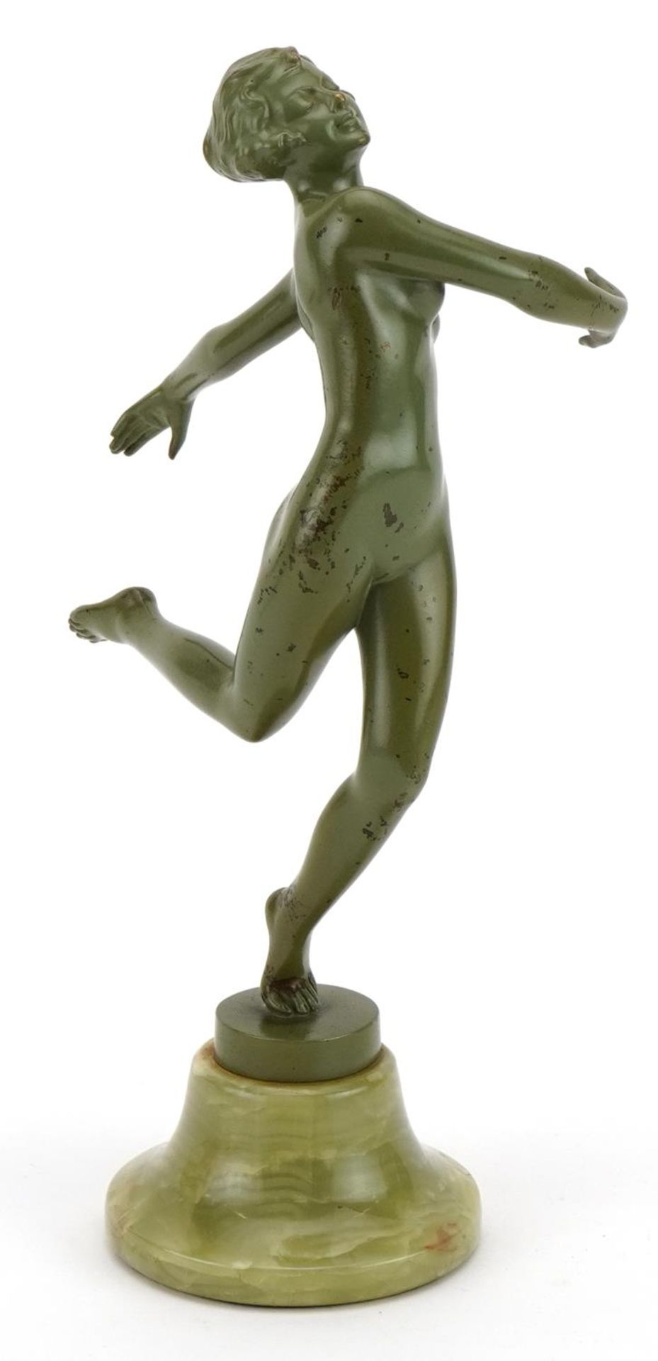 Joseph Lorenzl, Austrian Art Deco verdigris bronze figure of a nude dancer raised on a circular onyx - Image 2 of 5