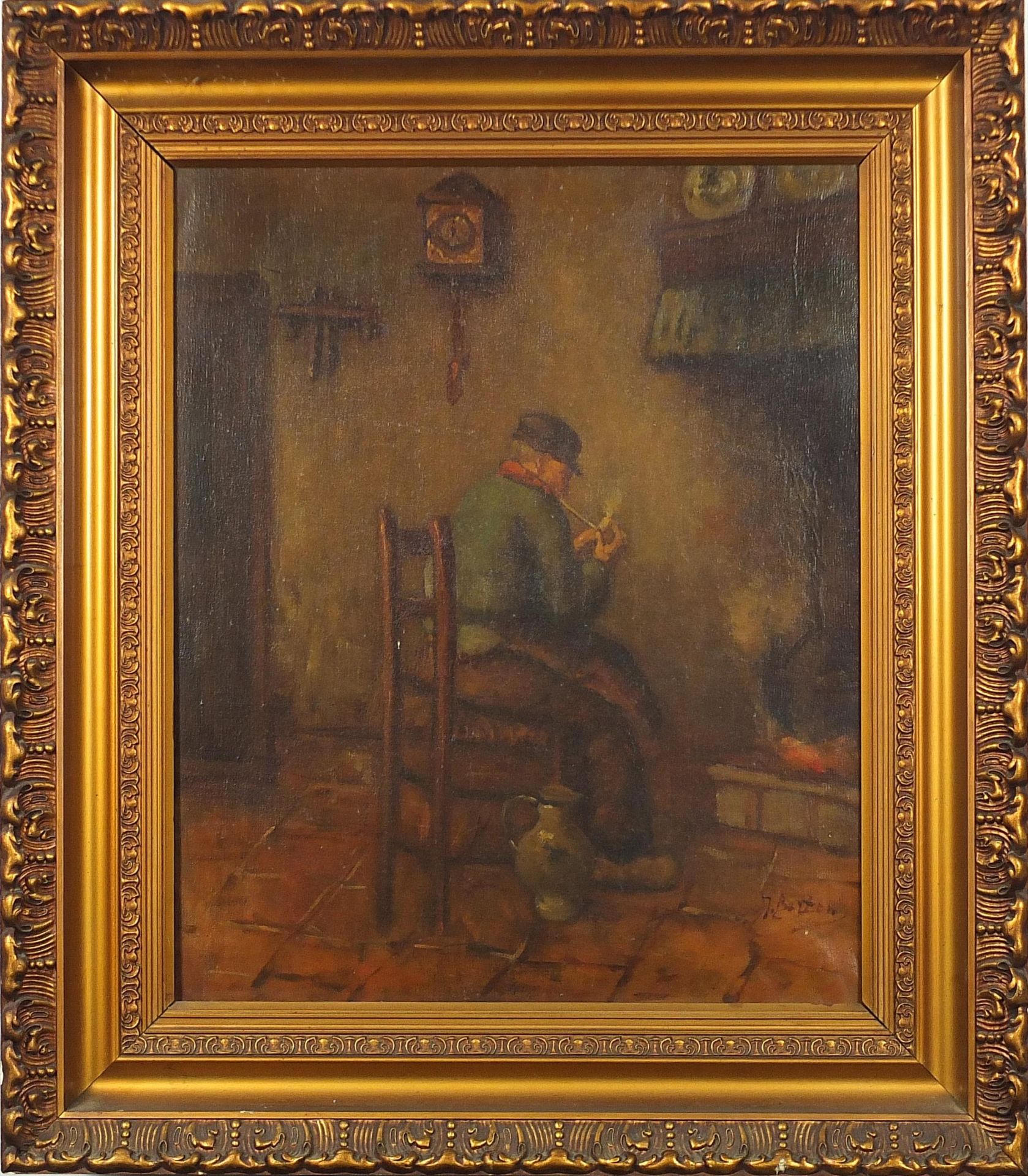 Female beside a fire and gentleman smoking a pipe, pair of Dutch school oil on canvasses, each - Image 3 of 9